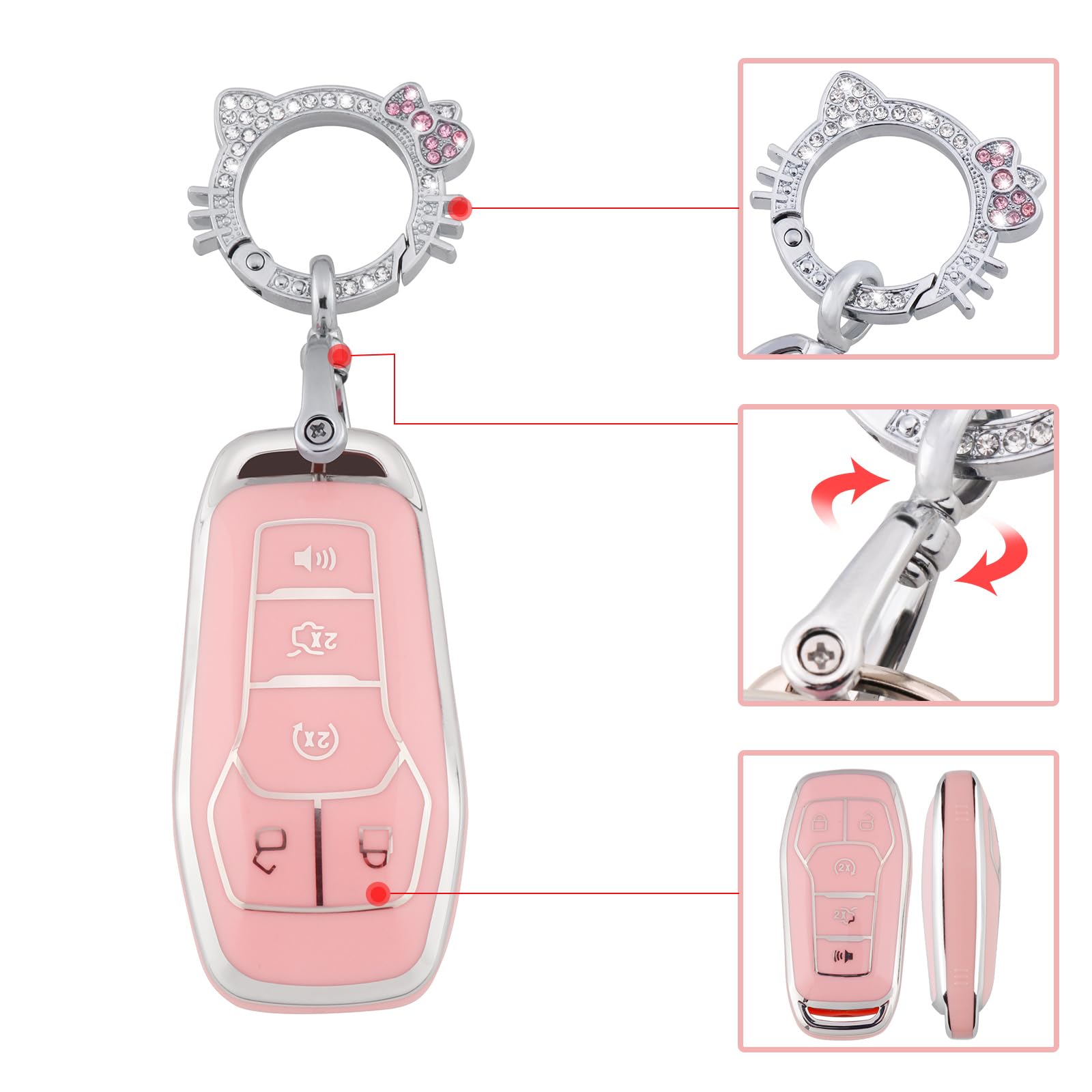Pangpai Pink Key Fob Cover for Ford, Soft TPU Key Case Protection with Bling Keychain Fit for F150 Explorer Mustang Edge Lincoln