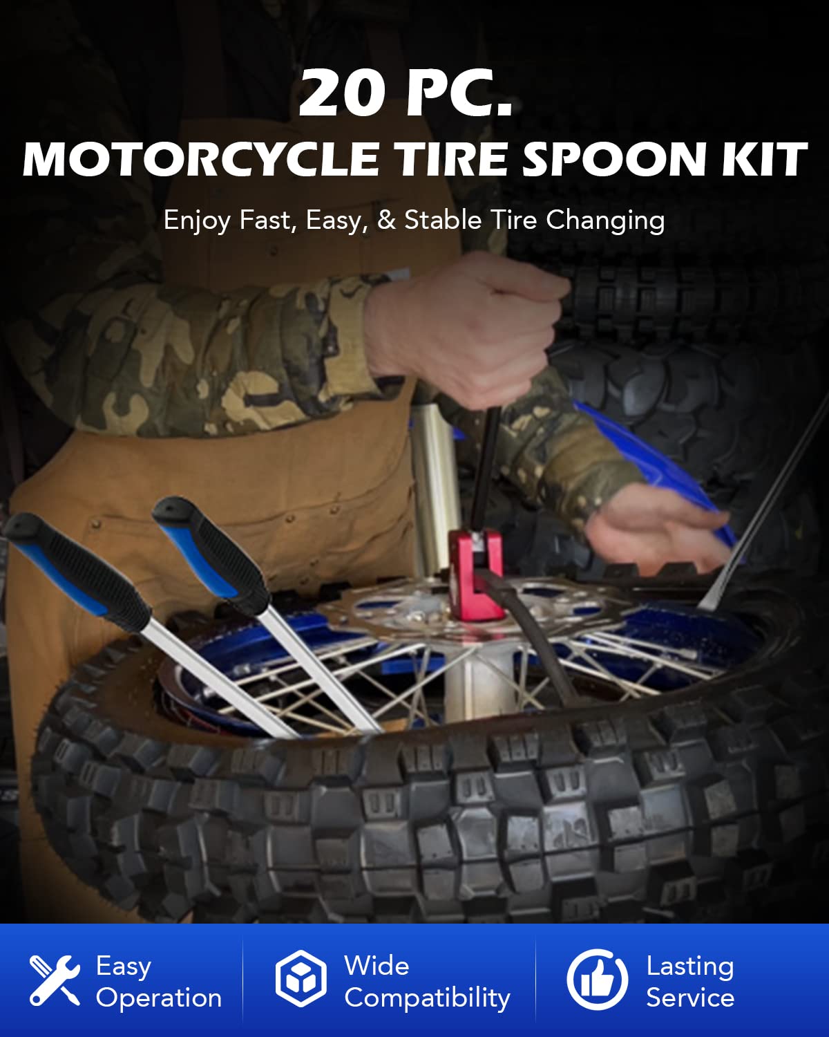 Orion Motor Tech 14.5'' Tire Spoon Kit, 20Pc Tire Changing Tool For Motorcycle Dirt Bike Lawn Tractor Bicycle, Motorcycle Tire C