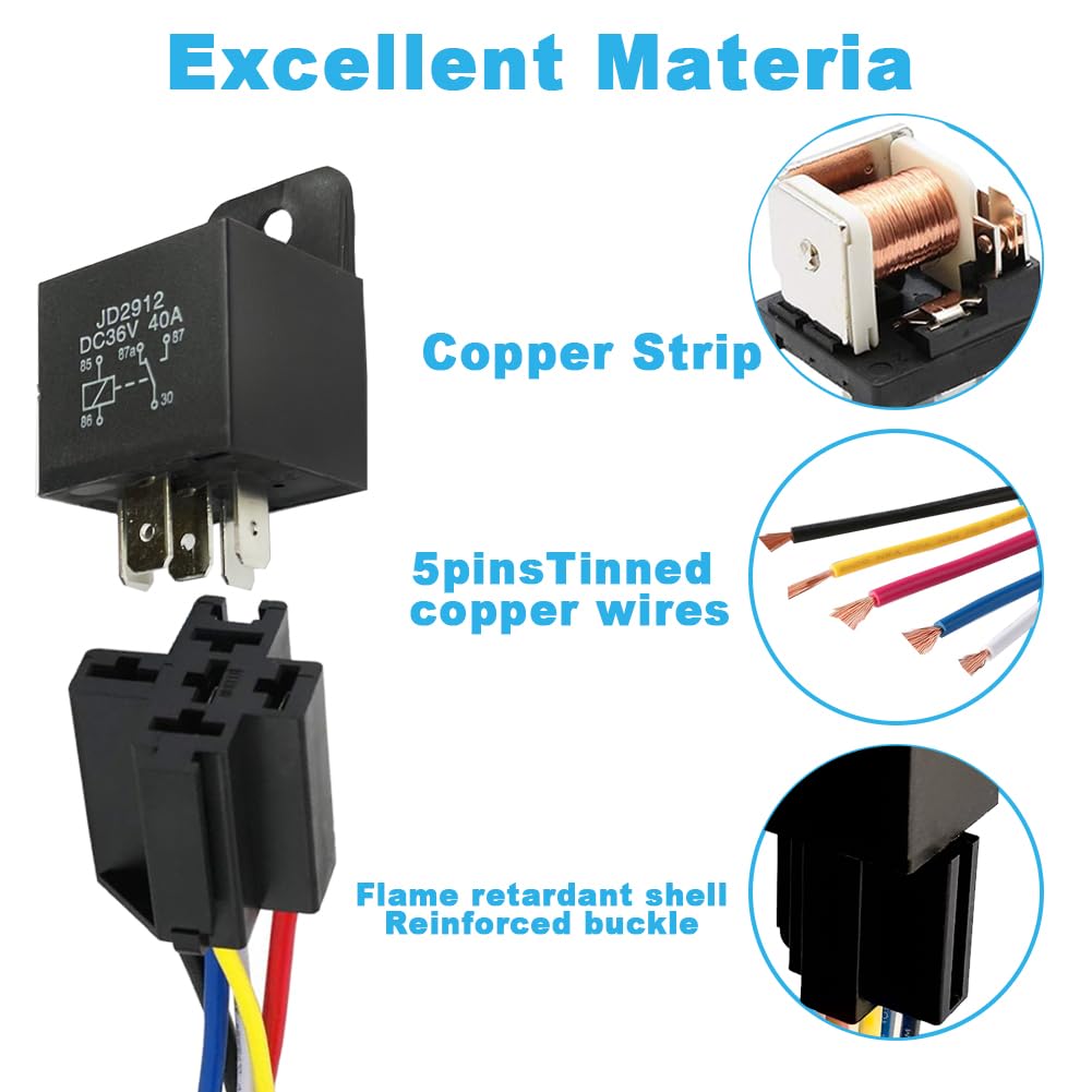 Cotonlake 36V 40A 5Pin SPST Harness Sockets with Color-Labeled Wires for Automotive Truck Van Motorcycle Boat Car Relay Harness,