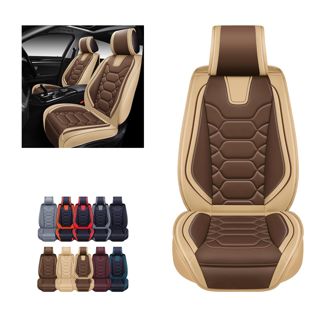 Oasis Auto Car Seat Covers Premium Waterproof Faux Leather Cushion Universal Accessories Fit Suv Truck Sedan Automotive Vehicle Auto Interior Protector Front Pair (Os-004 Coffee)