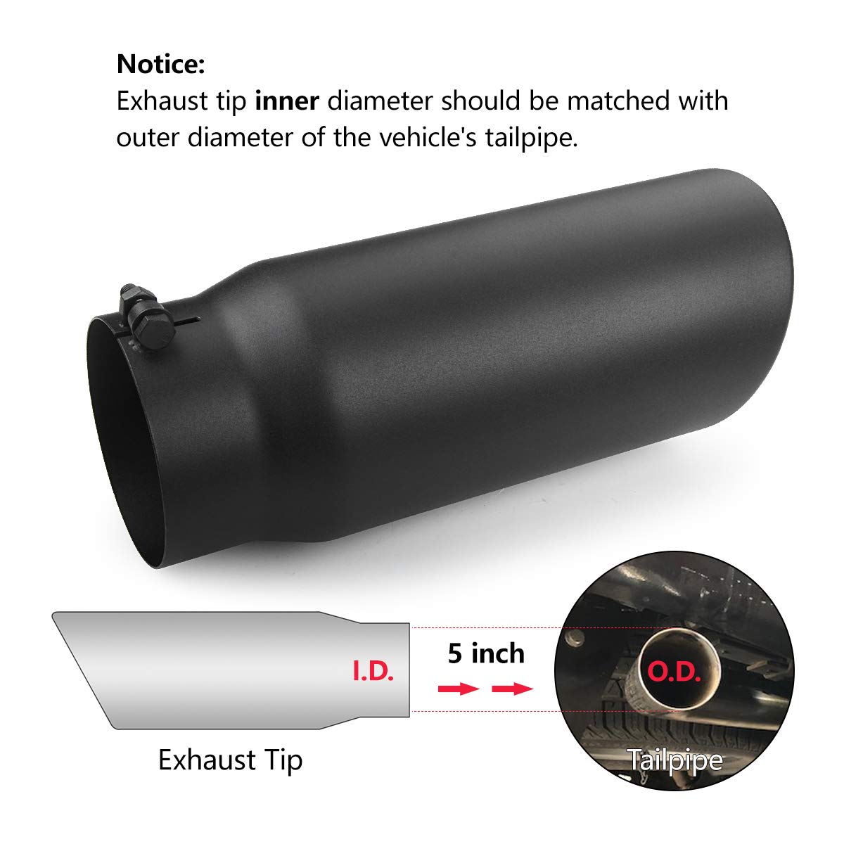 Exhaust Tip 5'' Inlet, A-Karck Exhaust Tailpipe Tip 5'' Inlet 6'' Outlet 15'' Long Black Coating Bolt On For Pickup Truck Tailpi