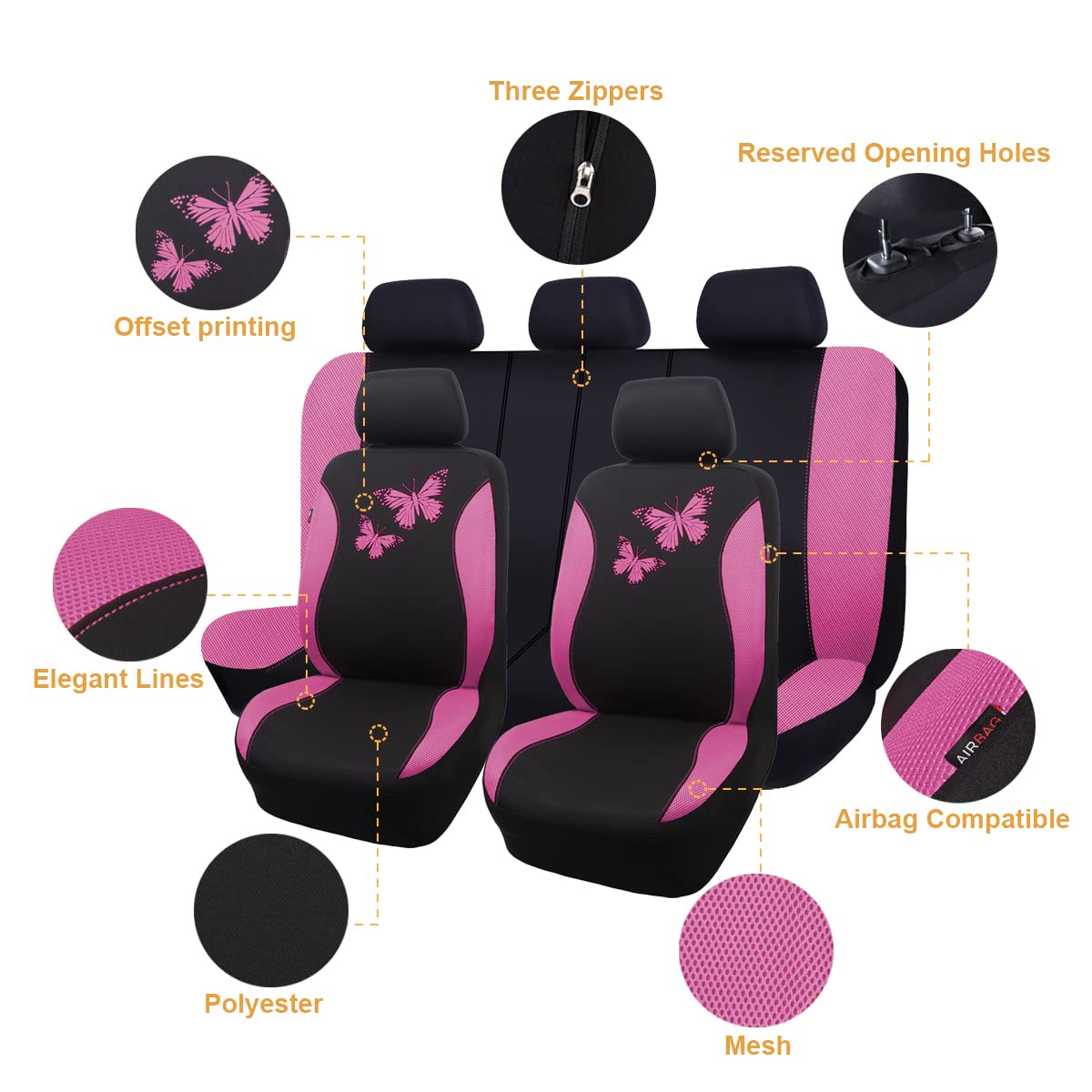 Flying Banner Butterfly Car Seat Covers Ful Set Fashion Universal Lady Woman Female Rear Bench Split Colorized (Full Set, Pink)