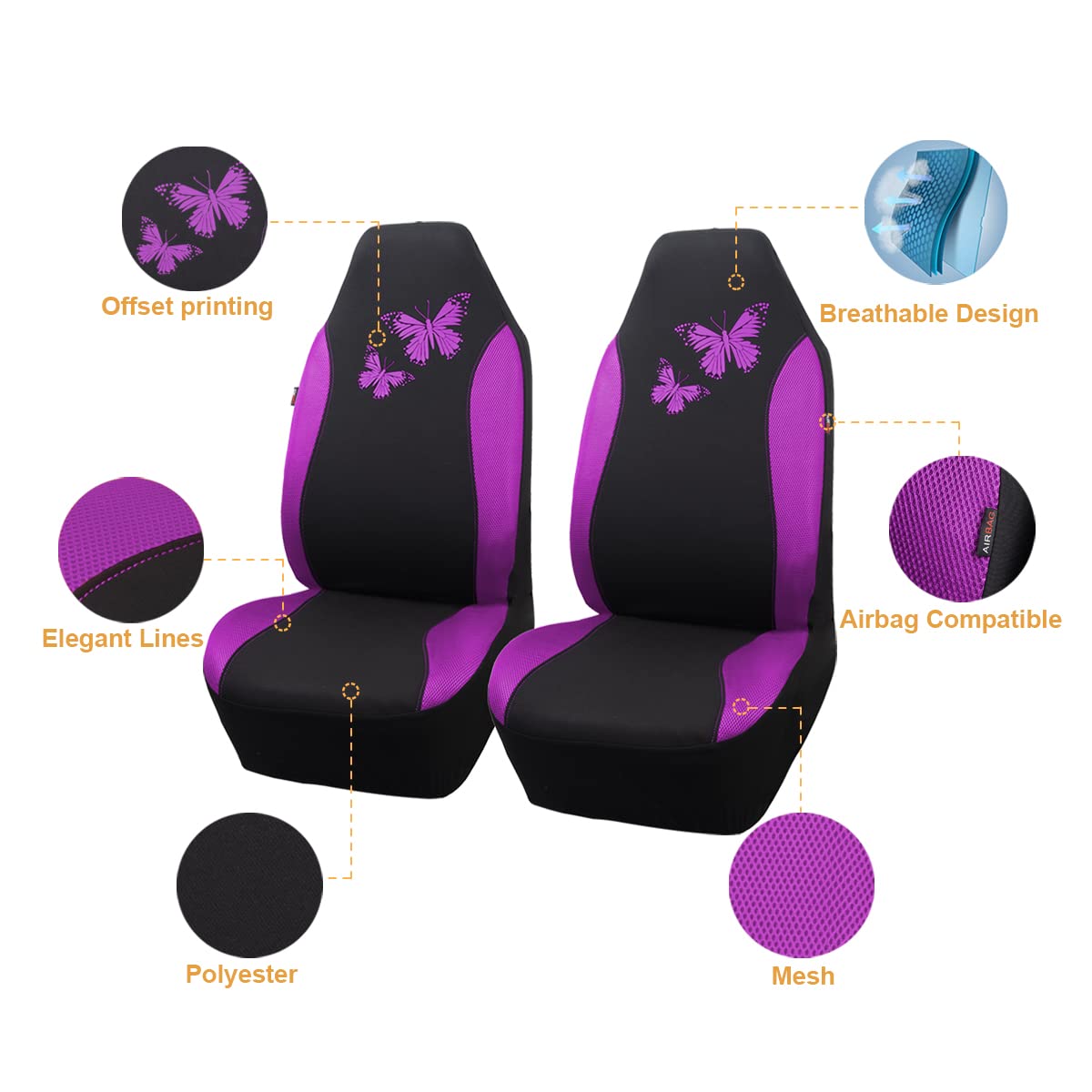 Flying Banner Butterfly Car Seat Covers Ful Set Fashion Universal Lady Woman Female Rear Bench Split Colorized (2 Fronts, Purple