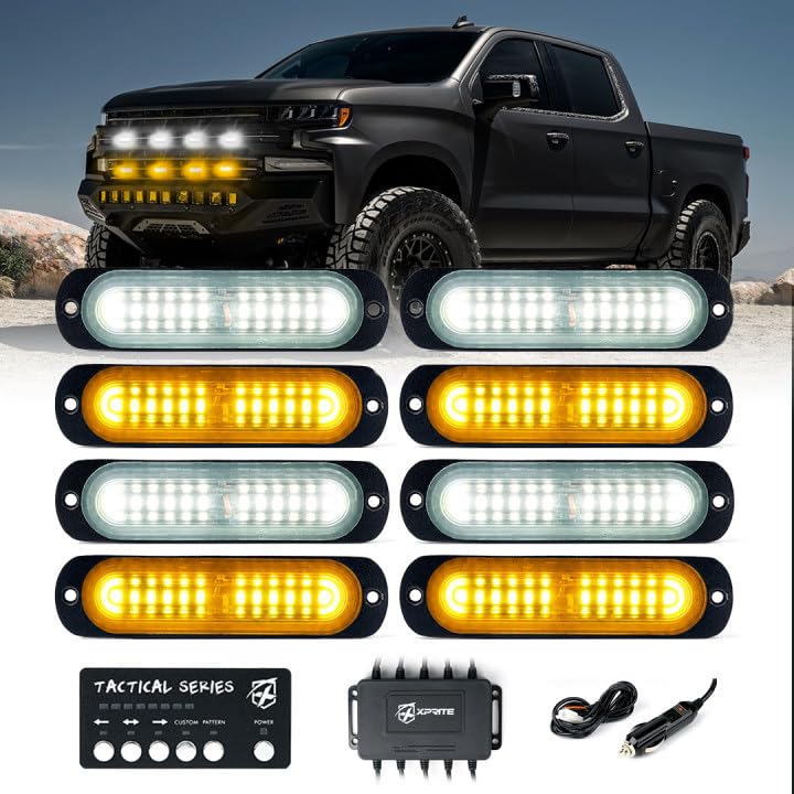 Xprite Amber/White Led Surface Mount Strobe Lights Kit, Grill Grille Side Marker Light Flashing Emergency Warning Light Assembli
