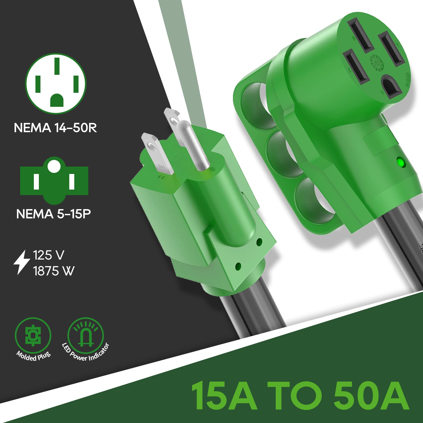 Rvguard 50 Amp To 110 Volt Rv Adapter Cord 12 Inch, Nema 5-15P To Nema 14-50R Electrical Power Adapter With Led Power Indicator,