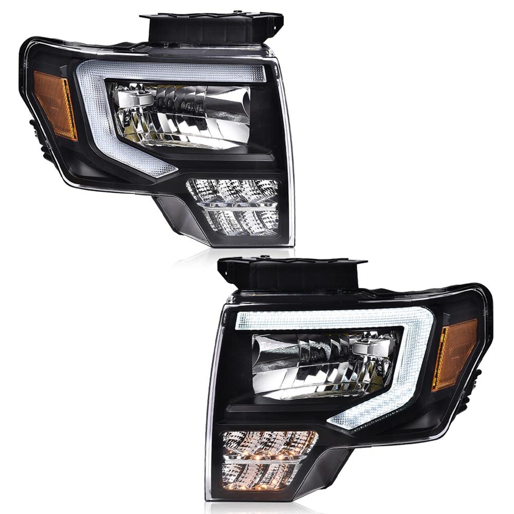 ALLGOOD LED DRL Headlights Assembly Compatible with Ford F150 2009-2014, Left Driver & Right Passenger Side, Clear Lens Black Ho