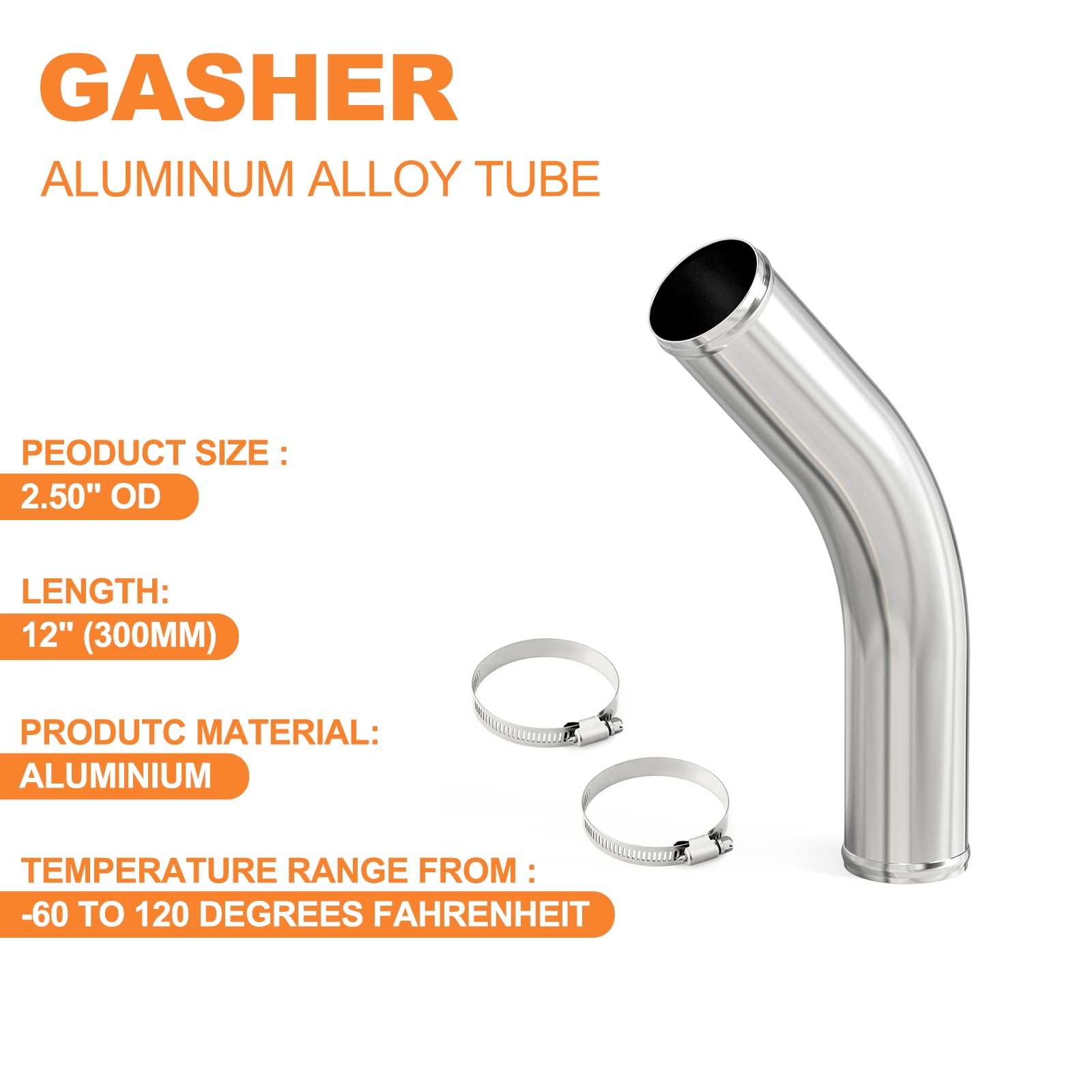 Gasher 1Pcs 45 Degree Elbow Aluminum Alloy Tube 2.5''Od, Leg Length 12'' (300Mm) With Bead Roll, Intercooler Pipe For Intake And