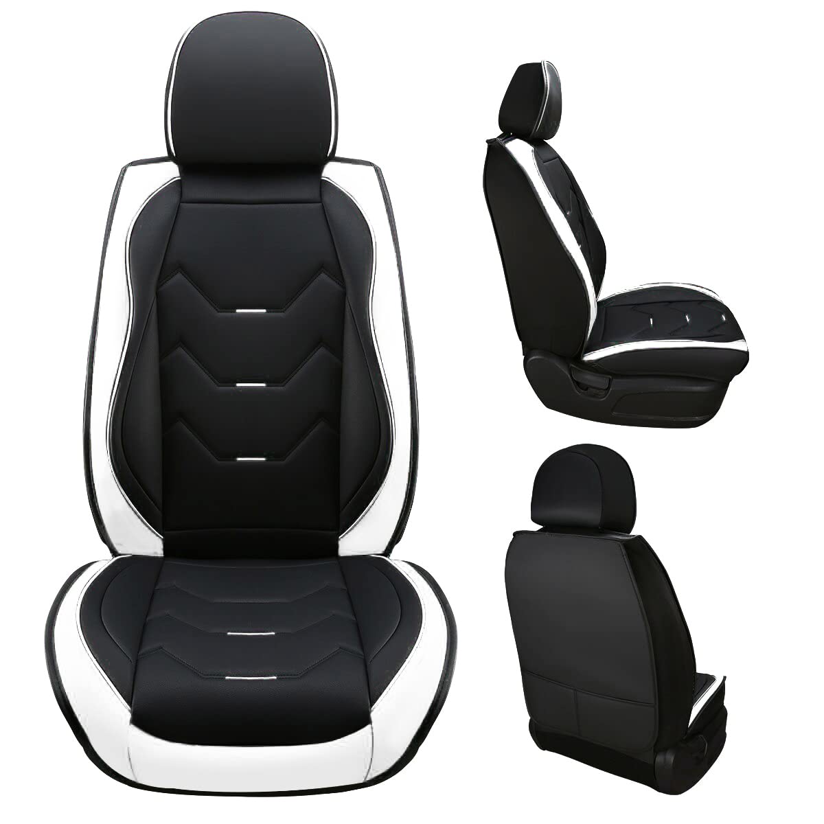 Otoez Universal Leather Car Seat Covers 5 Seat Full Set Automotive Seat Protector Replacement Compatible With Most Honda Toyota Chevy Ford Nissan Vehicles, Trucks, Suvs(White+Black,No Pillows)