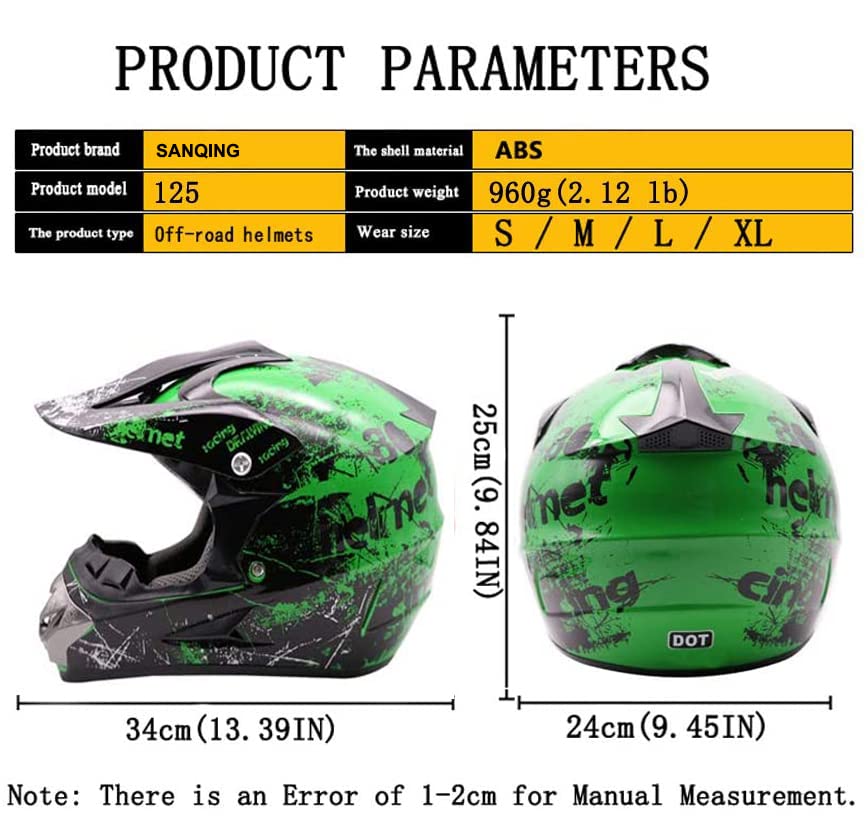 Sanqing Motocross Helmet Dirt Bike Helmet Fashion Youth Adult Off-Road Mountain Bike Motorcycle Helmet Dot Approved 4 Pcs Set (Green, Medium)