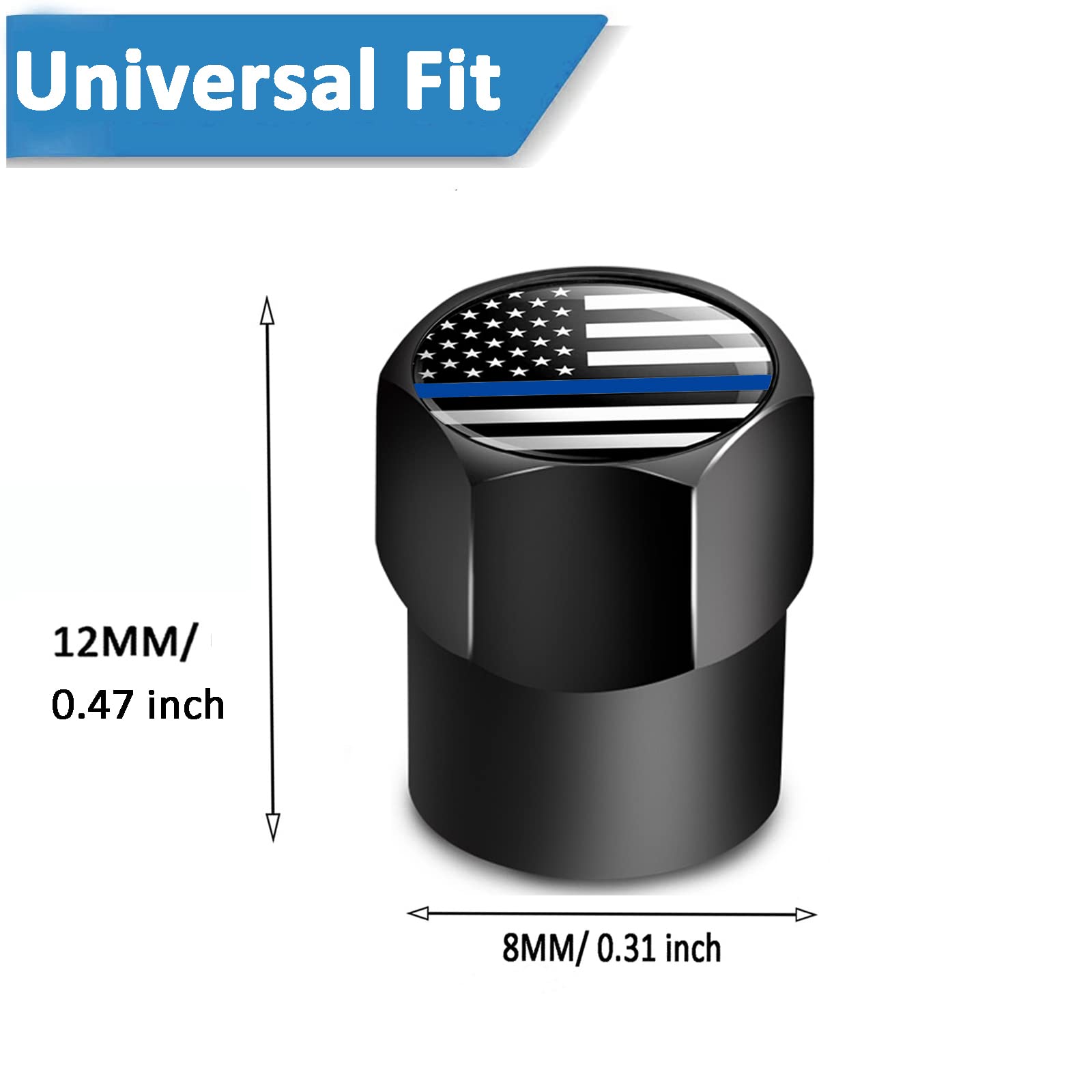 Dsycar 12 Pack Tire Stem Valve Caps Black, Thin Blue Line American Flag Hexagon Shape Design, Premium Metal Aluminum Rubber Seal Tire Valve Stem Caps ,Universal Fit (Mini - Black Blue Usa)