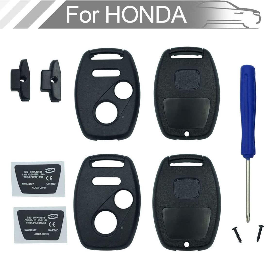New Key Fob Shell Case Fit For Honda Cr-V Odyssey Accord Crosstour Civic Cr-Z Fit Keyless Entry Remote Key Housing Replacement With Screwdriver (2+1Button 2Pcs)