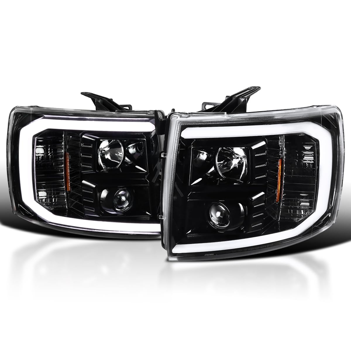 Spec-D Tuning Led Light Bar Jet Black Housing Clear Lens Projector Headlights Lamps Compatible With 2007-2013 Chevy Silverado 1500, Left + Right Pair Headlamps Assembly