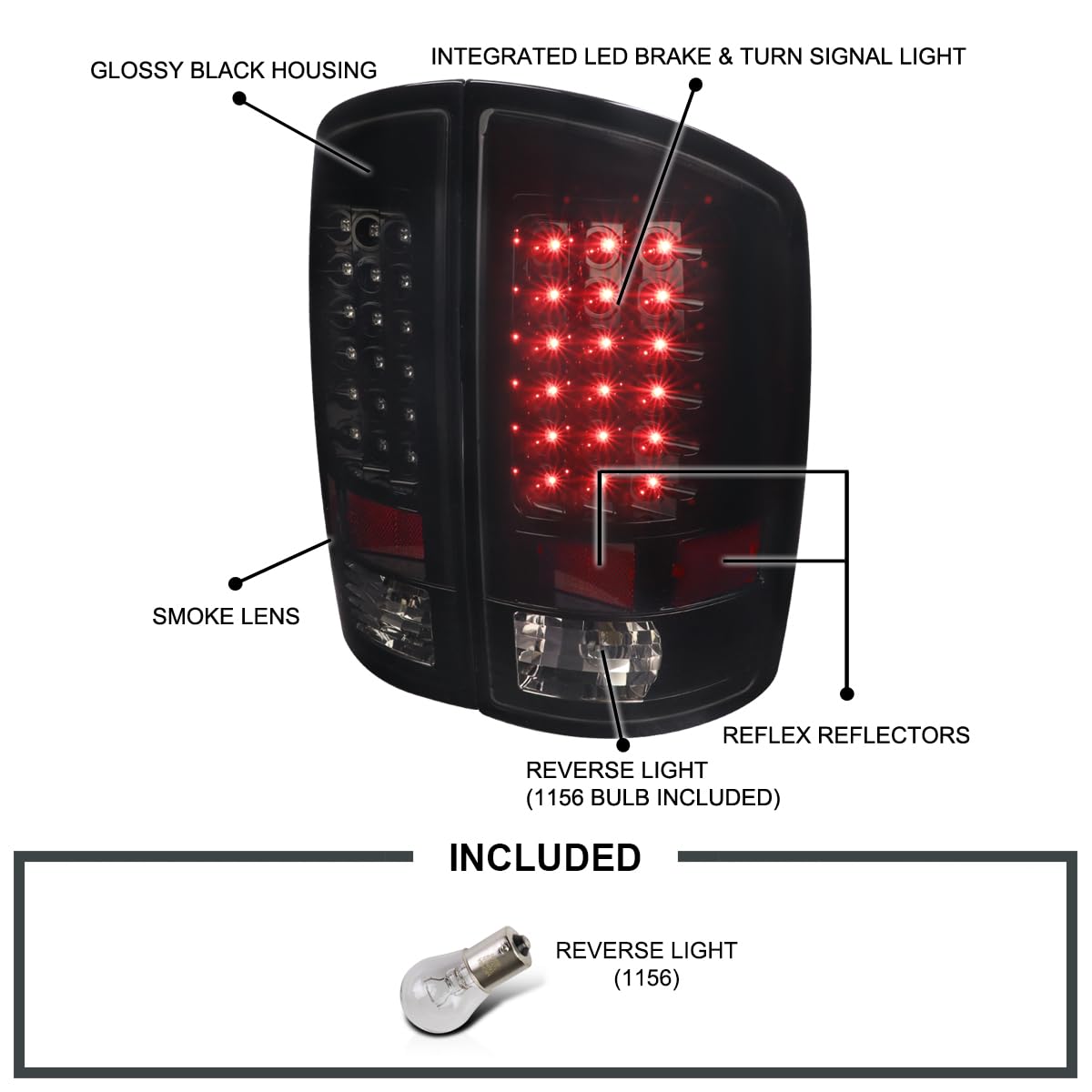 SPEC-D TUNING Glossy Black Housing Smoke Lens LED Tail Lights Compatible with 2007-2008 Dodge Ram 1500, 2007-2009 Dodge Ram 2500/3500 Left + Right Pair Assembly