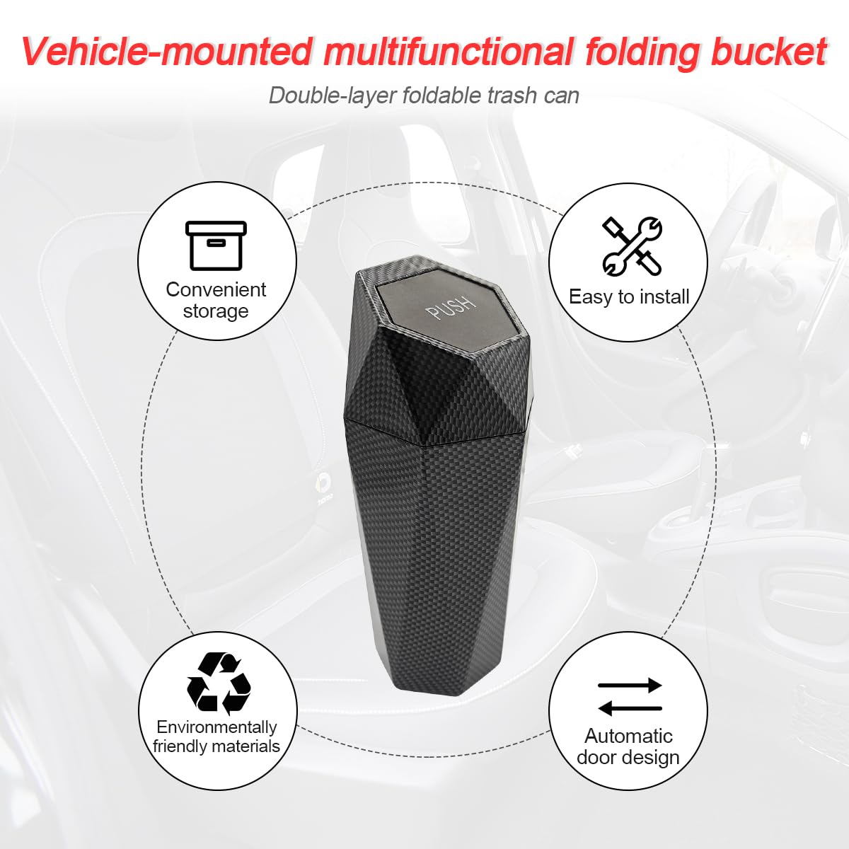 Blau Grun Car Trash Can With Lid, Small Leakproof Portable Auto Garbage Can, Mini Diamond Design Trash Dustbin, Waterproof Vehic