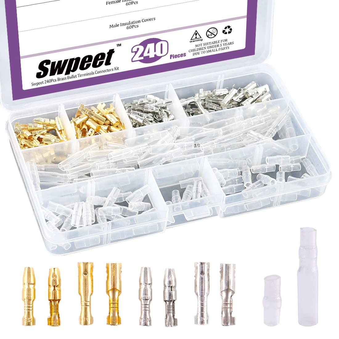 Swpeet 240Pcs Bullet Connectors Kit, 3.9mm Brass Bullet Male & Female Wire Terminals Connector with Insulation Cover for Motorcy