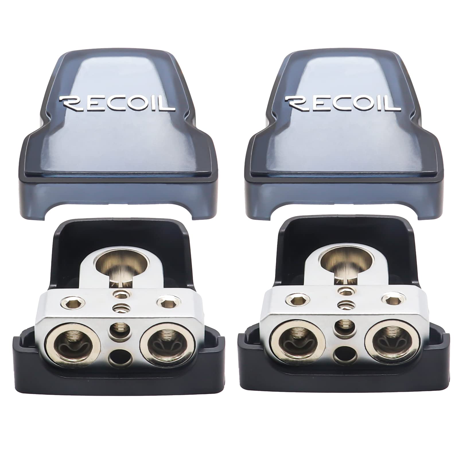 Recoil Pbt-D08 2 Pack Premium Solid Brass Positive Negative Battery Terminals Clamps With Two 0/2/4 Gauge Outputs And Two 8 Gaug
