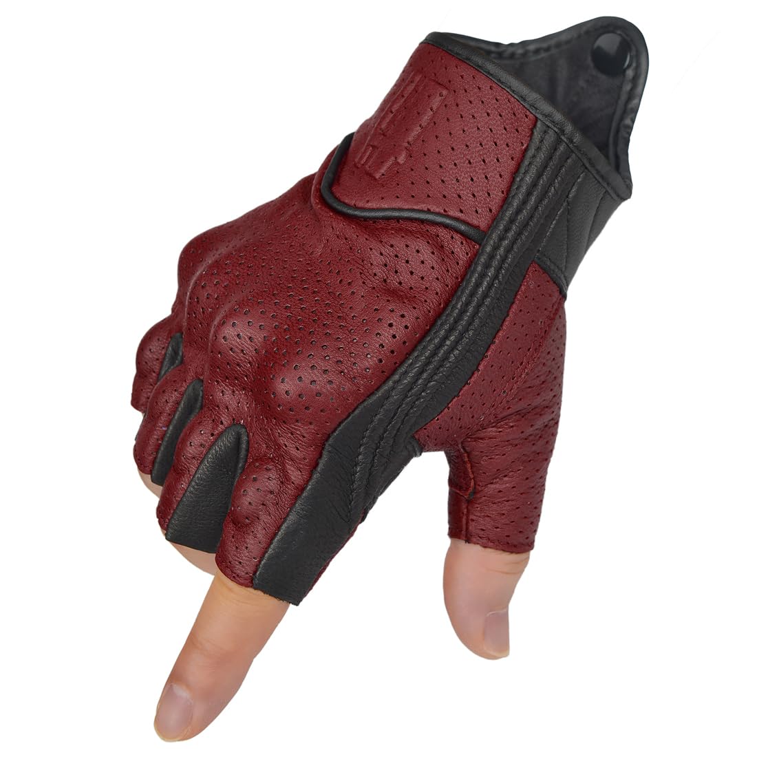 Harssidanzar Men's Motorcycle Gloves Leather Perforated Motorbike Riding Driving Gloves CM044US, Oxblood/Black, Size Small