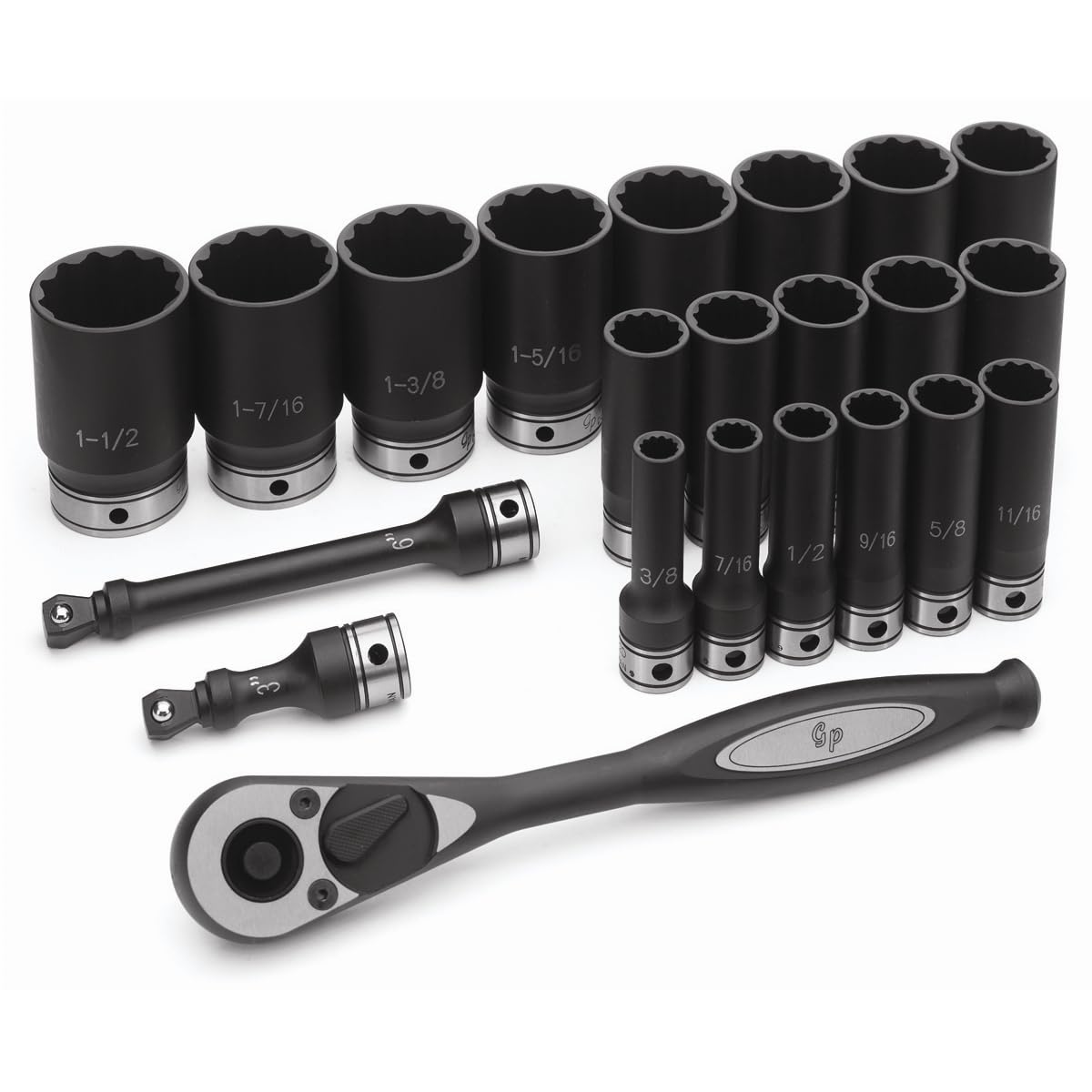 Grey Pneumatic 82222D 1/2 Drive 22pc Deep Length Fractional Duo-Socket Set - 12