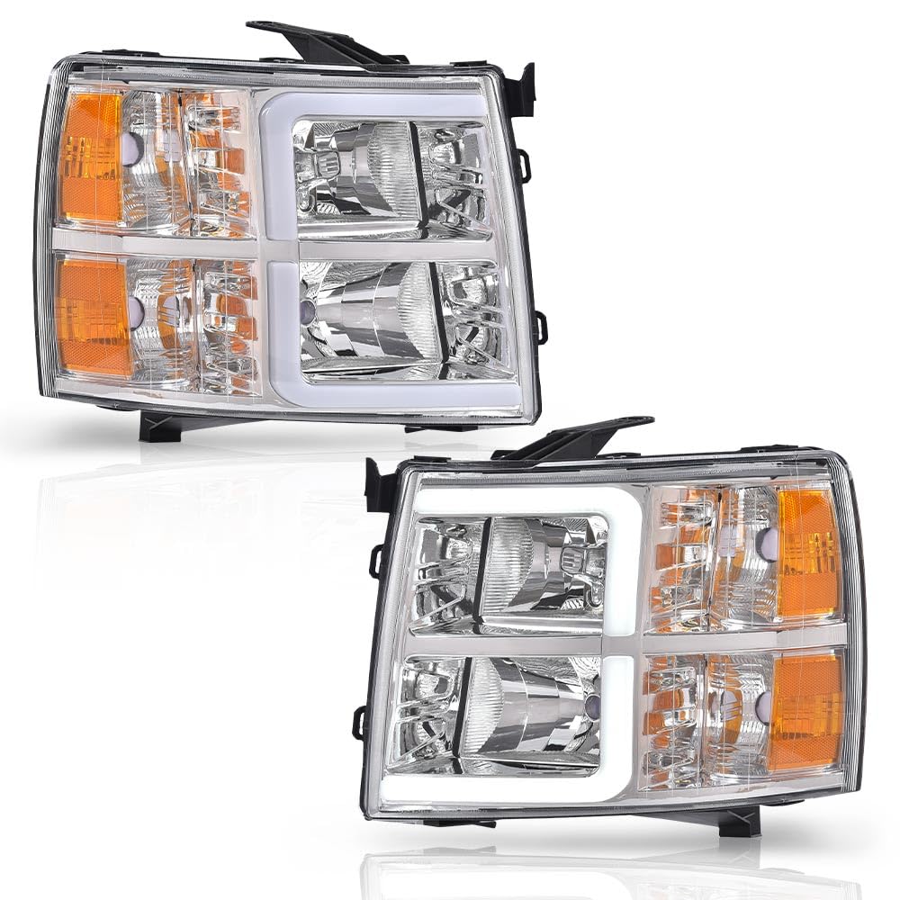 Pit66 Led Drl Tube Projector Headlights W/O Bulb Compatible With Chevy Silverado 1500 2007-2013/2500Hd 3500Hd 07-14(Not Fit 2007