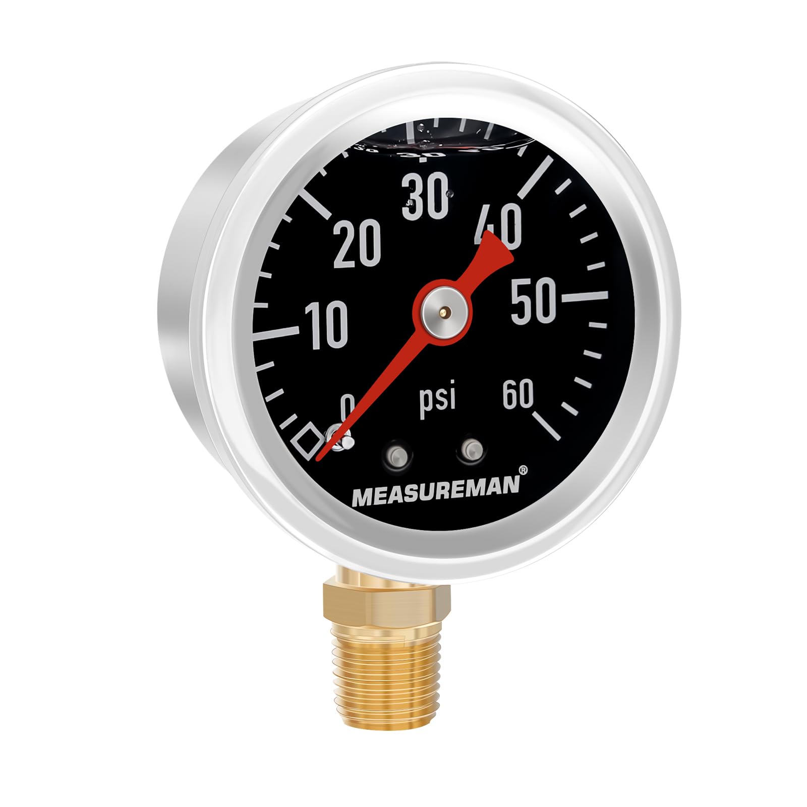 Measureman 1-1/2'' Dial Size Black Dial, Glycerin Filled Fuel Pressure Gauge, 304 Stainless Steel Case, 0-60Psi, -3-2-3%, 1/8''