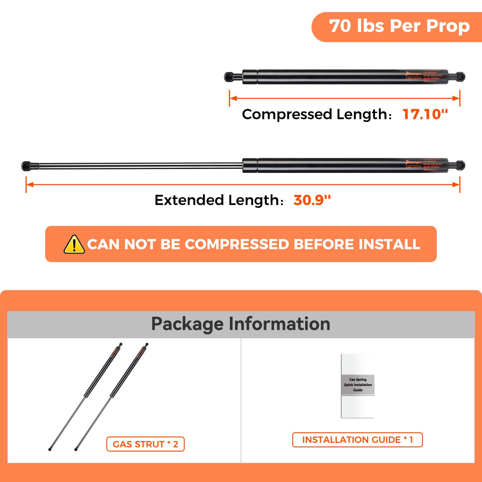 Pamagoo C16-17262 30 Inch Gas Strut 70 Lbs 311 N Shock, 30'' Prop Spring For Tonneau Cover Truck Undercover Replacement Parts Pi