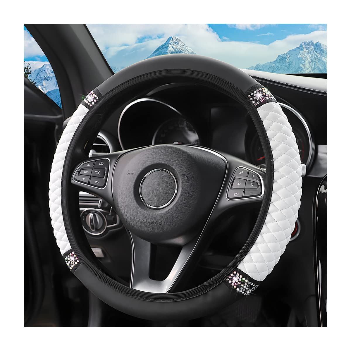 Bling Steering Wheel Cover, Universal 15 Inch Soft Pu Leather With Colorful Rhinestones, Crystal Diamond Elastic Steering Wheel Protector, Sparkly Auto Accessories For Women Girl (White)