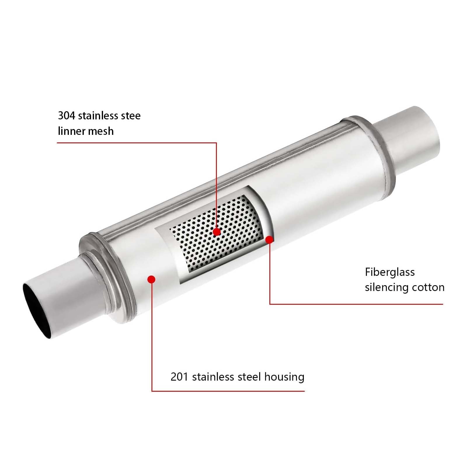 A-Karck 2.25'' Inlet Exhaust Resonator, 2.25'' Inlet 2.25'' Outlet 20'' Overall Length Resonator Stainless Steel