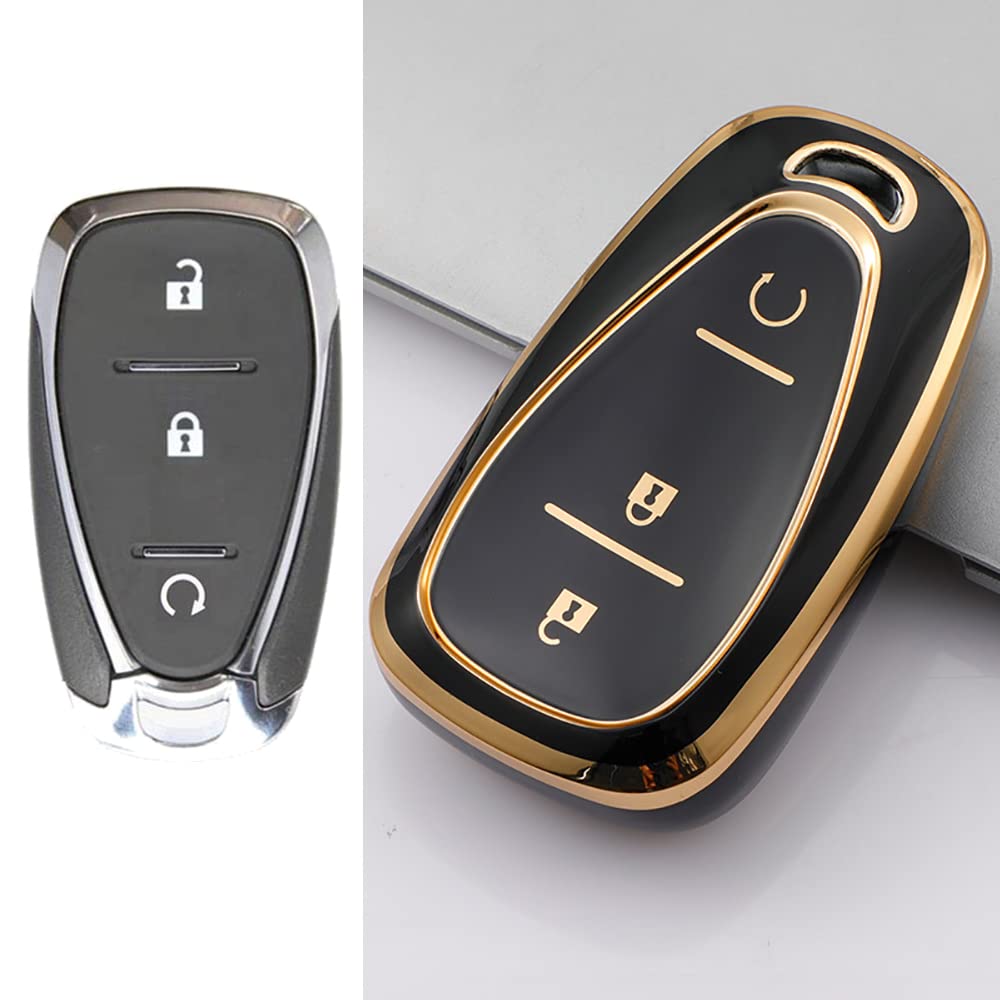 Hibeyo Tpu Smart 3 Button Key Fob Case For Chevrolet Equinox Cruze Trax Malibu Verano Traverse 2016-2018 Onix Cruze Sonic Camaro Volt Bolt Accessories With Keychain-Black