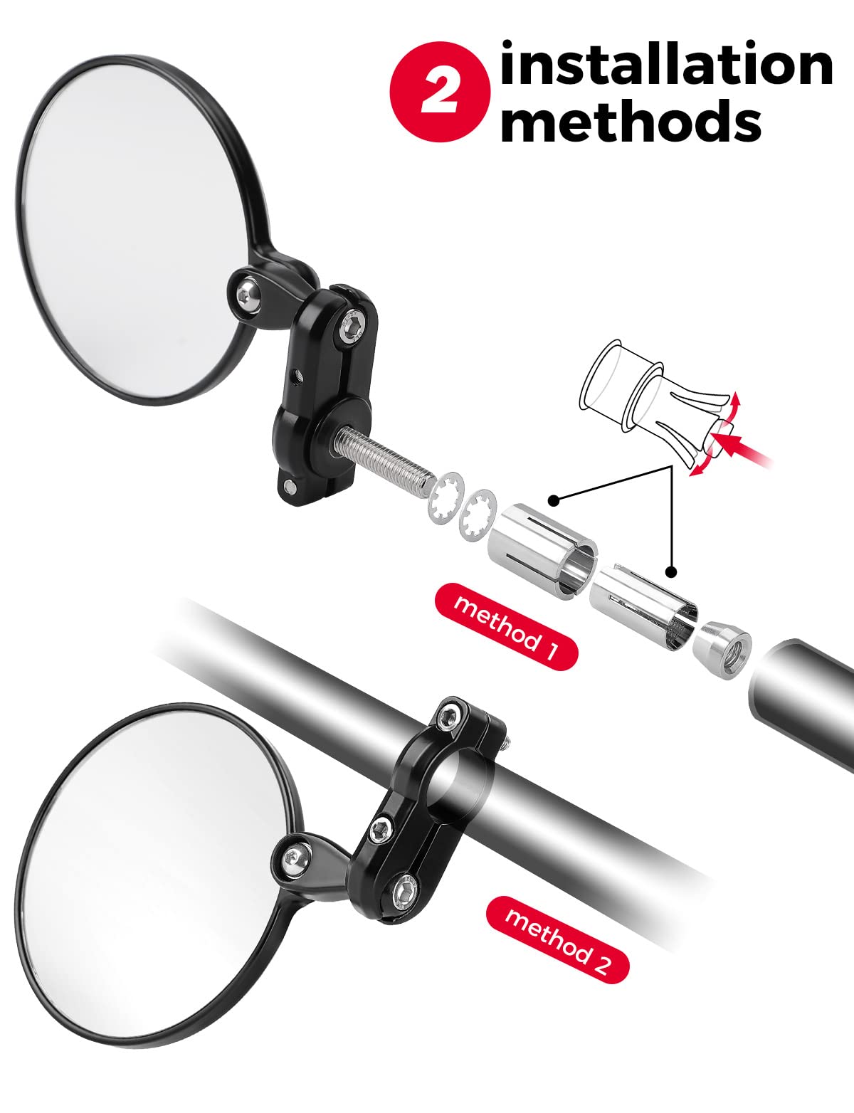 Kemimoto Universal Motorcycle Mirror, 360° Rotatable Motorcycle Handlebar Bar End Mirrors, Handlebar Rear View Side Mirror, Compatible With 13-21 Mm Handlebar Inner Diameter