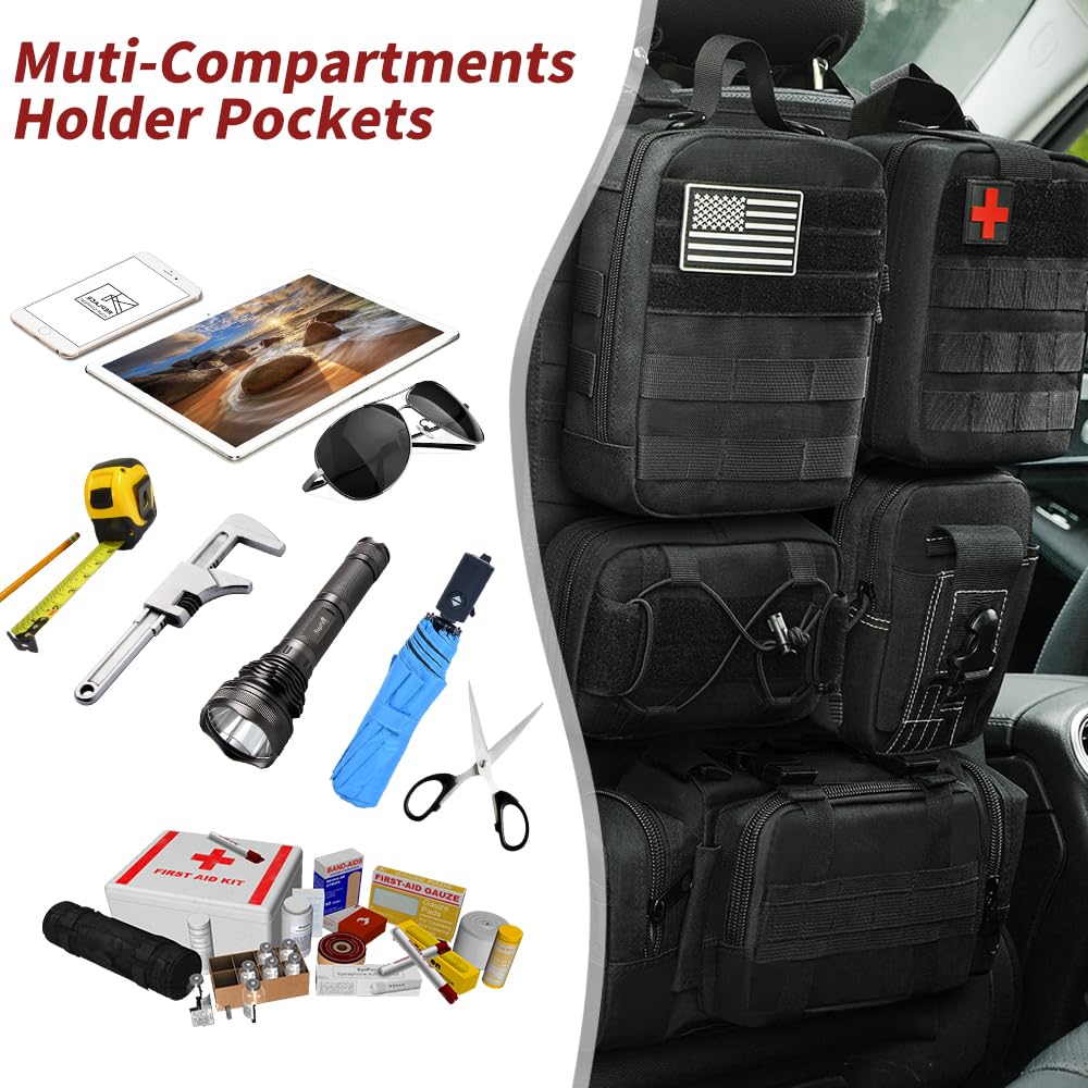 Banklif Universal Tactical Vehicle Seat Back Organizer Panel With 5 Detachable Molle Pouches - Medical, Phone, Storage Pouch, Su