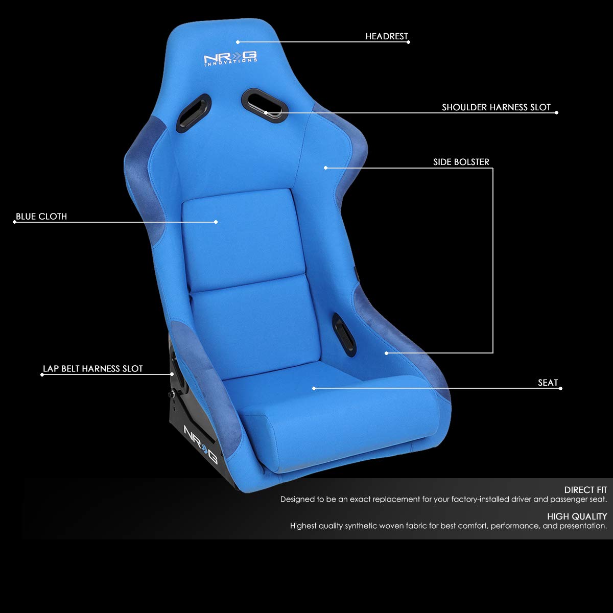 Nrg Innovations Nrg-Frp-300Bl Fiber Glass Fixed Back Bucket Racing Seat, 4Pt Harness Compatibility, Blue Seat Cover, 23''W X 18'