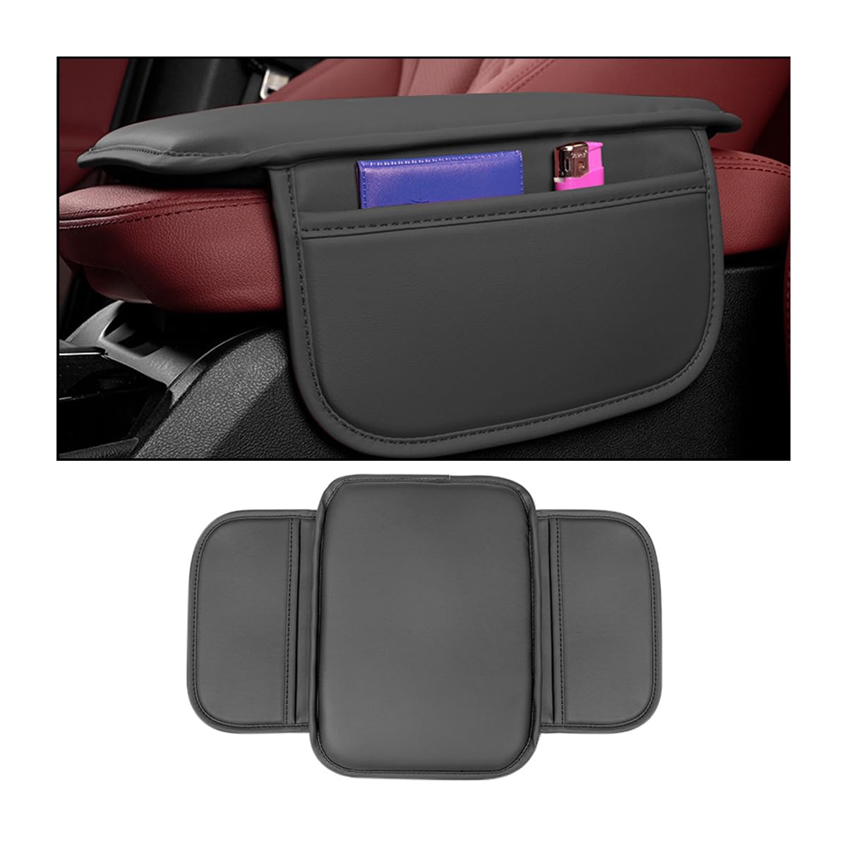 Belomi Car Armrest Box Mat, Pu Leather Four Seasons Comfortable Breathable Waterproof Automotive Armrest Cover Center Console Cushion Protector, Universal For Most Vehicle, Suv, Truck, Rv(Black)