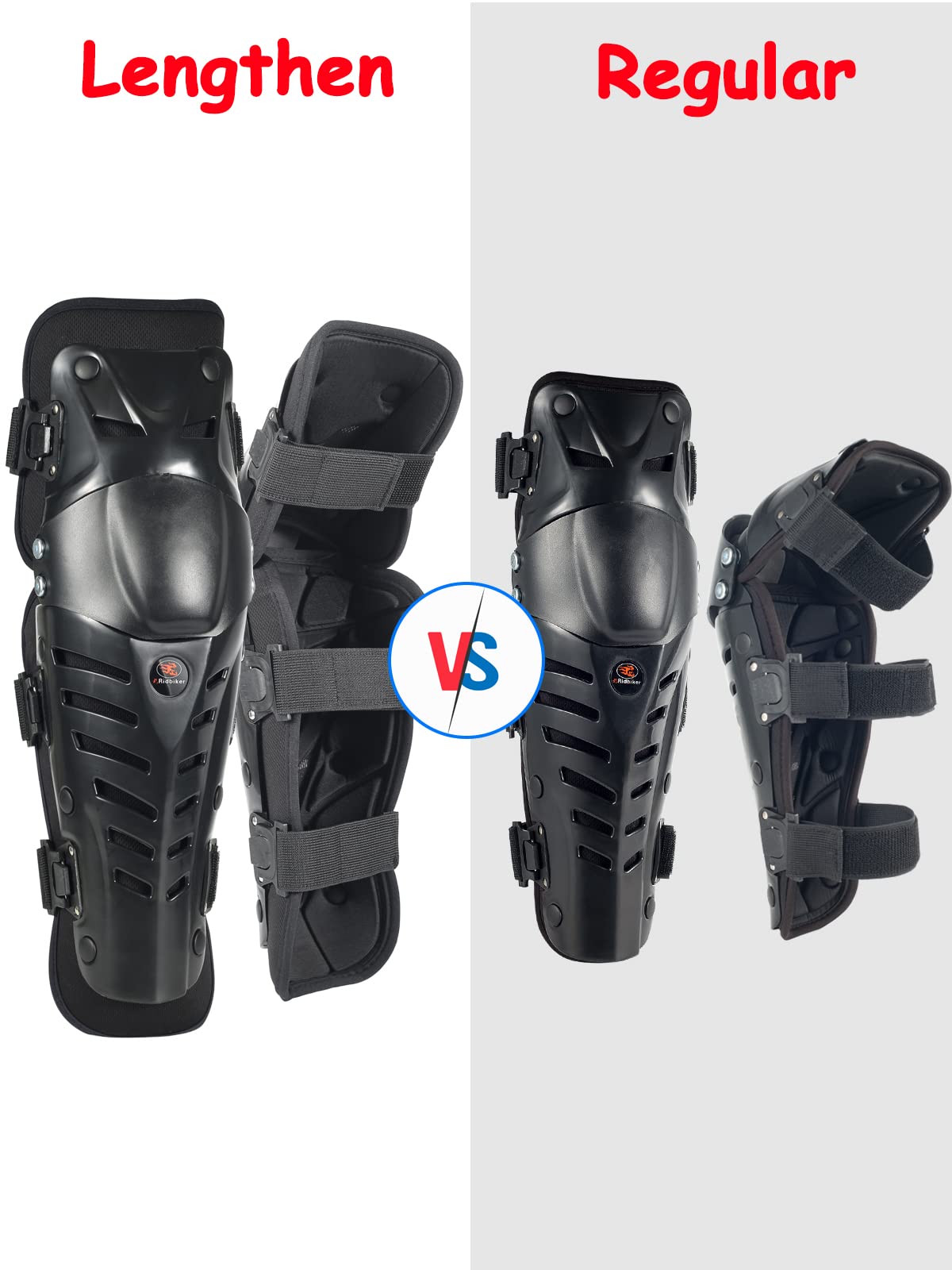 RIDBIKER Black Movable Knee Shin Guard Pads - Adjustable Breathable Armor for Motorcycle Cycling Racing, Lengthen Size, Crashproof, 1 Pair