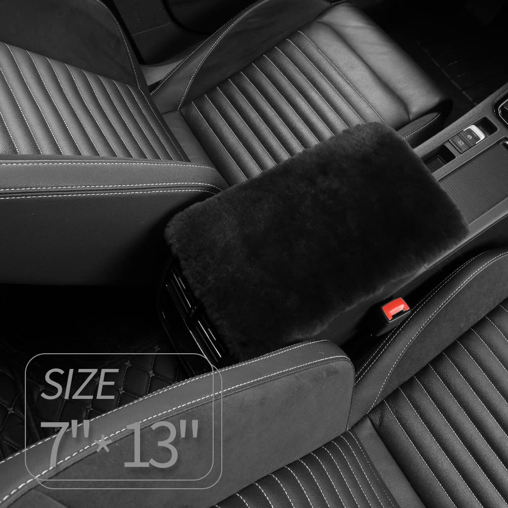 Iriwool Sheepskin Armrest Cover Auto Center Armrest Cover Car Soft Console Pad, Fluffy Wool Auto Center Console Cover For Most C