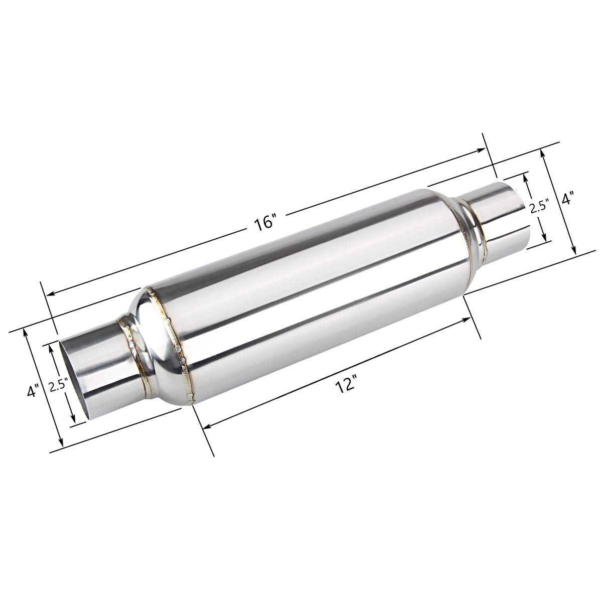 Lcgp 2.5' Inlet & Outlet Universal Resonator, 16' Long Performance Muffler, Weld- On, Straight Through Design, Deep Tone