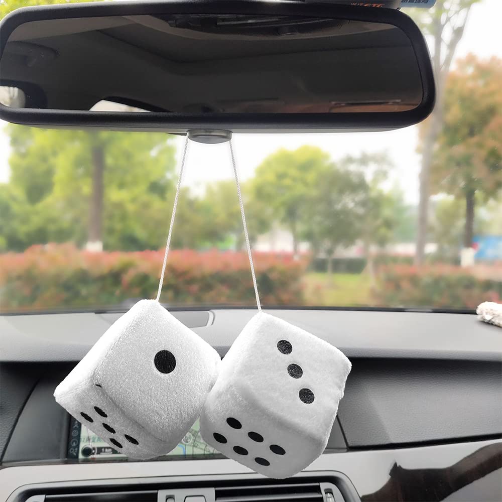 Eluckya Pair 2.75    White Fuzzy Plush Dice Classic Vintage [Nostalgic 80s Fuzzy Car Dice for Mirror ] for Automotive Interior M