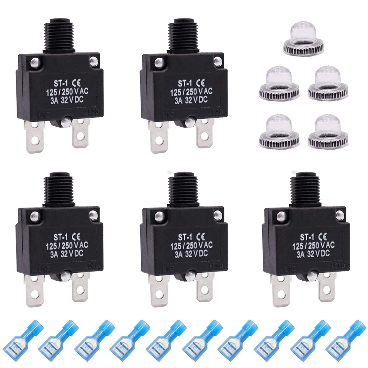 Mxuteuk 5Pcs 3Amp Circuit Breakers Push Button Manual Reset 125/250V Ac 32V Dc,Overload Protector Switch Thermal Circuit Breakers With Quick Connect Terminals And Waterproof Button Caps St1-5-3A