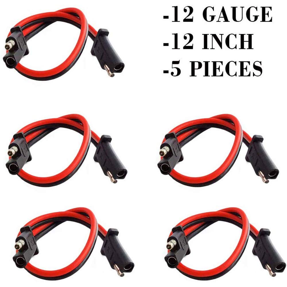 5 Pack 12'' 12 Gauge 2 Pin Quick Disconnect Audiopipe Polarized Wire Harness, Heavy Duty SAE Connector Bullet Lead Cable