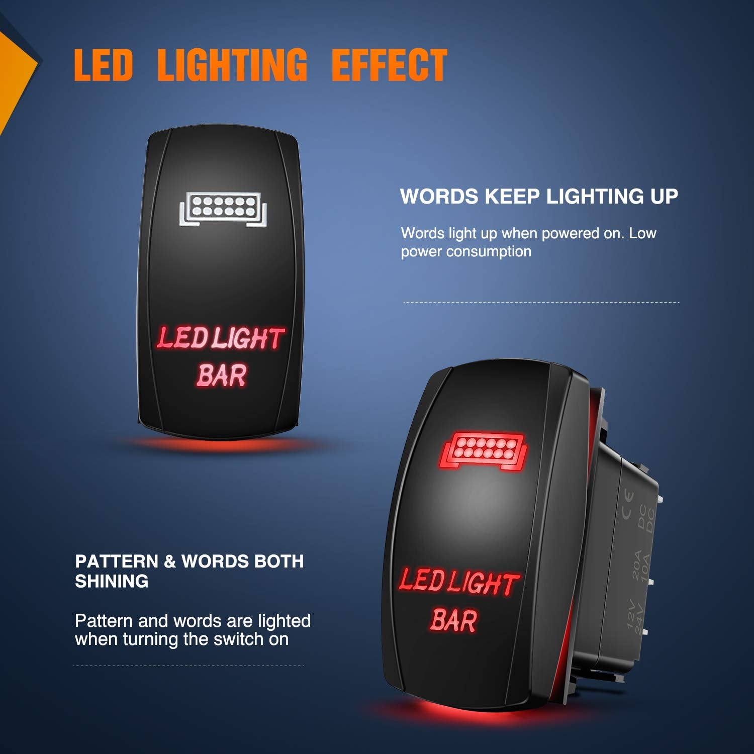 Nilight 90001R Led Light Bar Rocker Switch Red 5Pin Laser On/Off Led Light 20A/12V 10A/24V Switch Jumper Wires Set