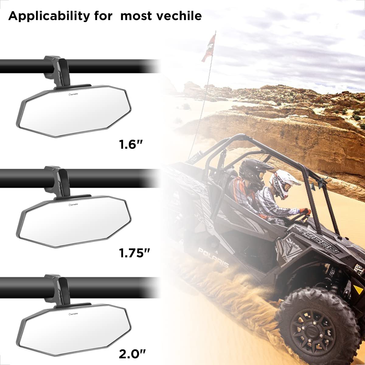 Evermotor Utv Center Rear View Mirror For 1.6-2 Roll Bar Cages, 360° Adjustable Aluminum Clamp Compatible With Atv Polaris Rzr Ranger Scooter Kawasaki Mule Pioneer Gator, Shatter Proof Glass