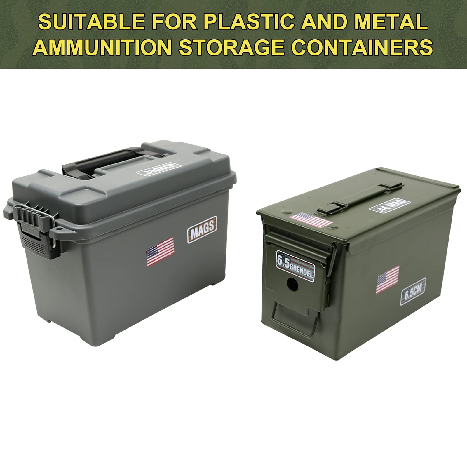 Aolamegs Ammo Can Vinyl Sticker Set Decal Label For Cans Cases Boxes .22 .223 .308 9Mm .380 .45 5.56 7.62 12Ga 300Blk (56 Pack/28 Varieties &3 Pcs Usa Flag Stickers)