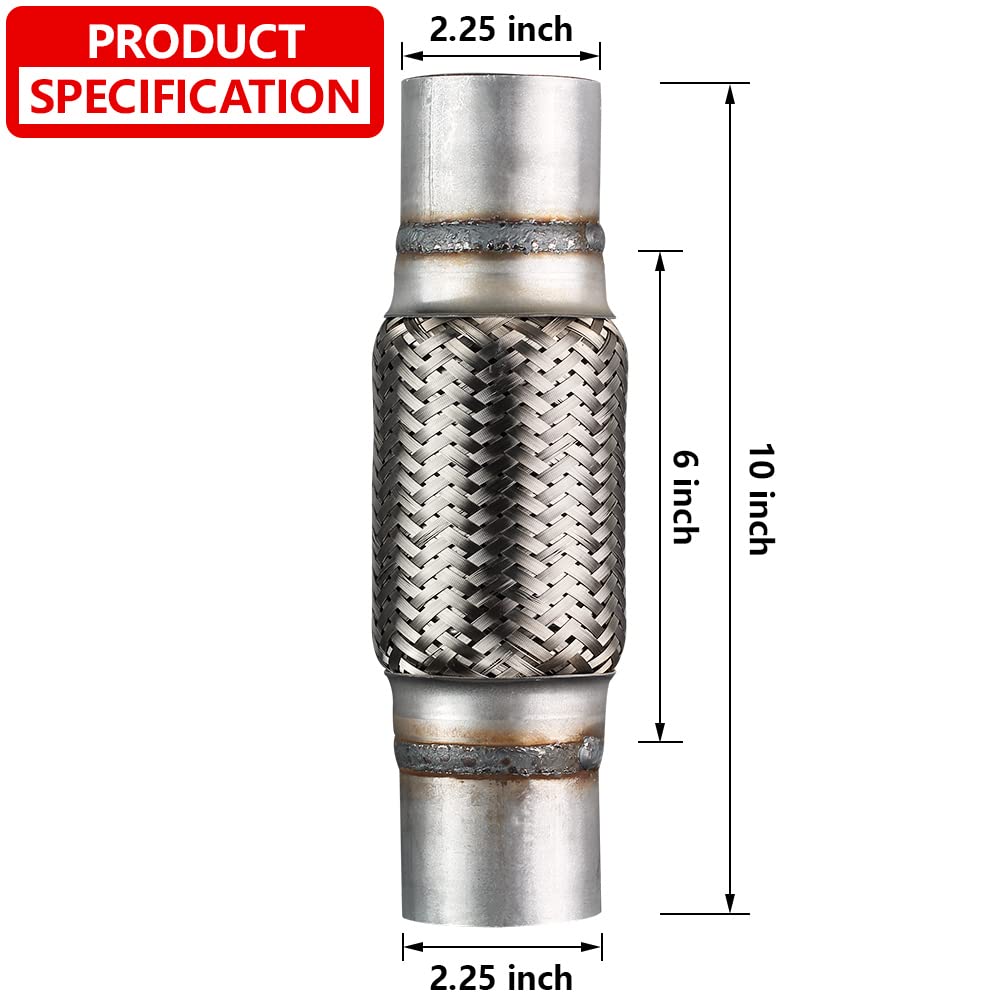 Autarboor Exhaust Flex Pipe, 2.25''X 6''Stainless Steel Heavy Duty Exhaust Flex Pipe, Double Braid Exhaust Flex Tube, Overall Le