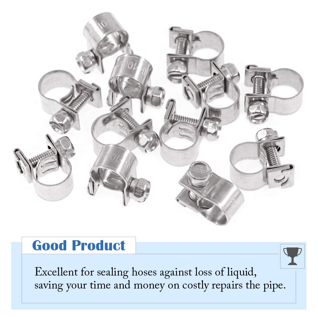 Glarks 12Pcs Stainless Steel Mini Fuel Injection Hose Clamps Adjustable Pipe Hose Clip Tube Clamps Assortment Kit (8-10Mm)