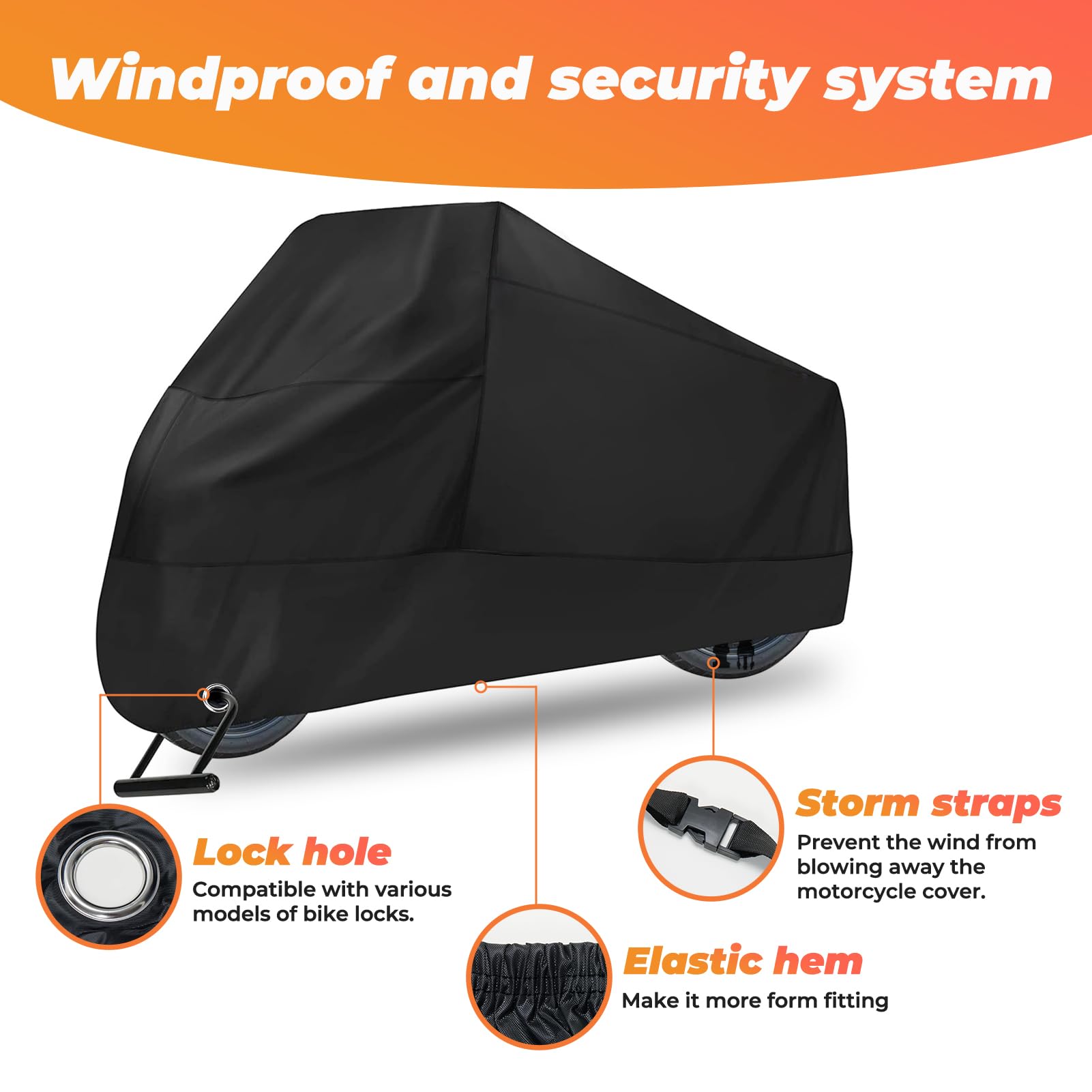 210D Heavy Duty Waterproof Motorcycle Cover, All Season Durable Sunproof Waterproof Scooter Cover with Windproof and Security Sy