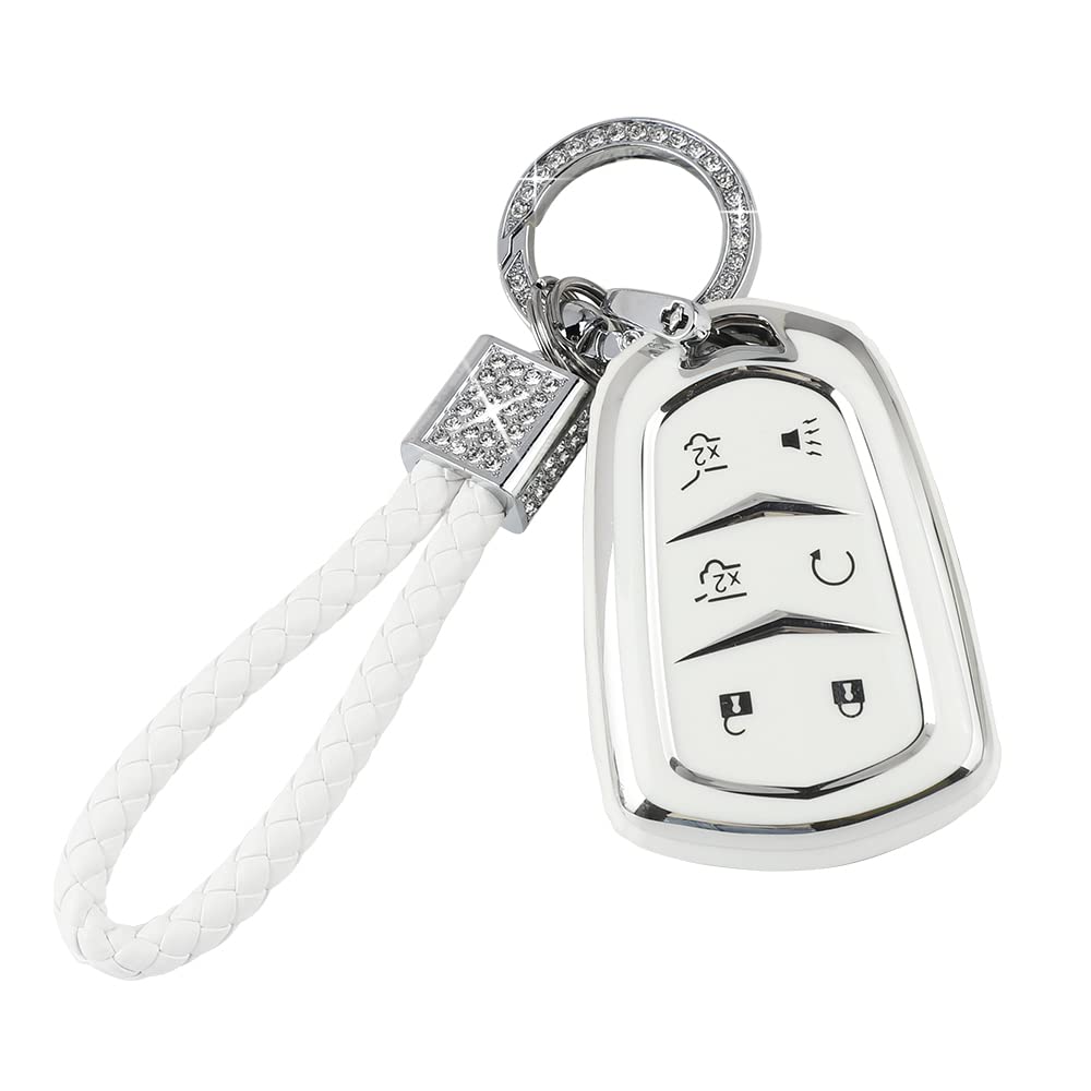 Pifoog Escalade Key Fob Cover For Cadillac 6 Button Smart Keys Case Proector Accessories Tpu Soft Bling Keychain White Silver Girly Cute For Cadillac Escalade Esv 2015 - 2020
