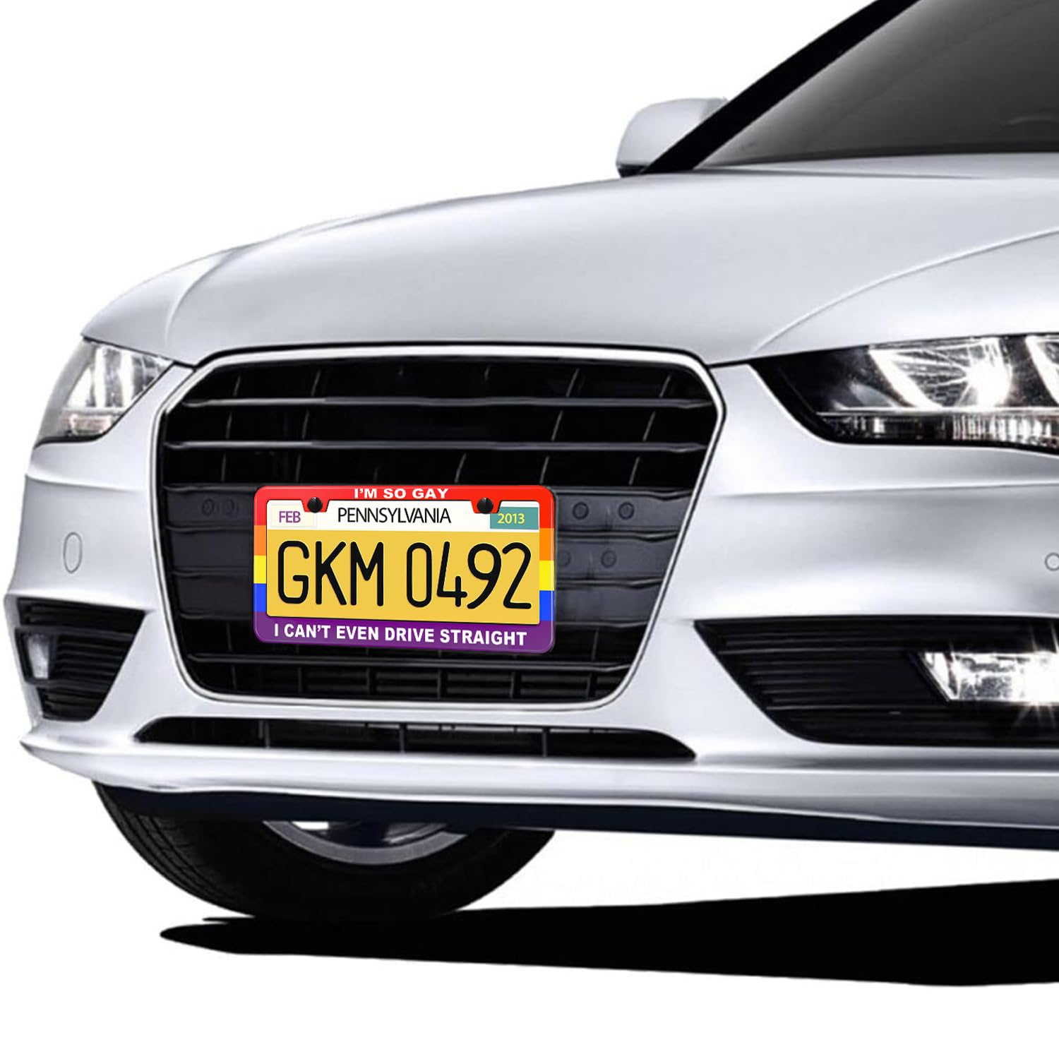 Funny License Plate Frame with Humor Text Gay Pride Rainbow Flag I'm So Gay I Can't Even Drive Straight Aluminum Black Car Cover