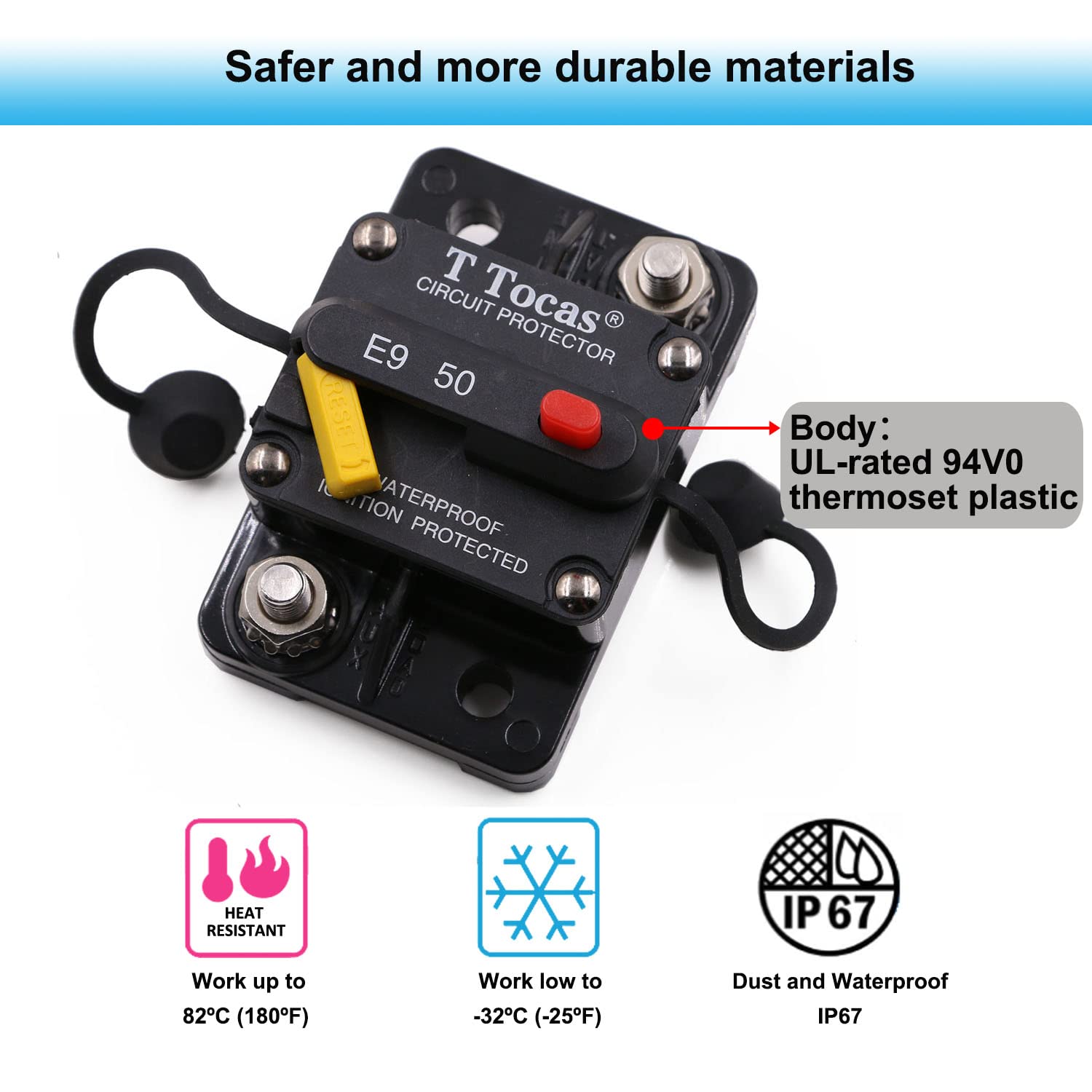 T Tocas 50 Amp T3 Circuit Breaker 12V - 48V Dc With Led Indication Waterproof Switchable