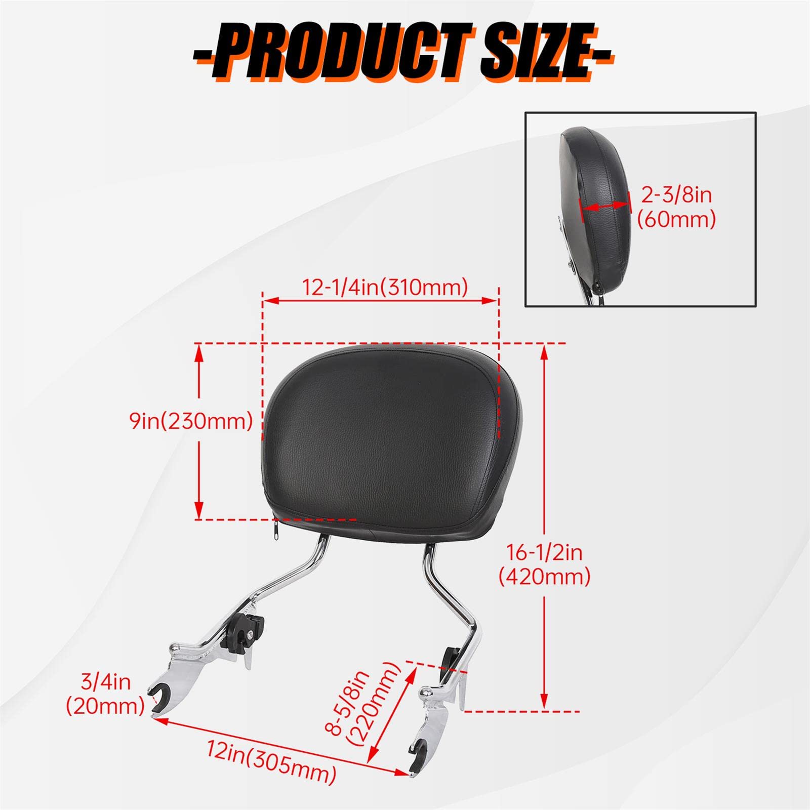 Ecotric Adjustable Detachable Sissy Bar Backrest Compatible With 2009-2024 Harley Touring Road Electra Tri Street Glide/Road King/Ultra Limited Flhx Flhr W/Pad (Chrome)