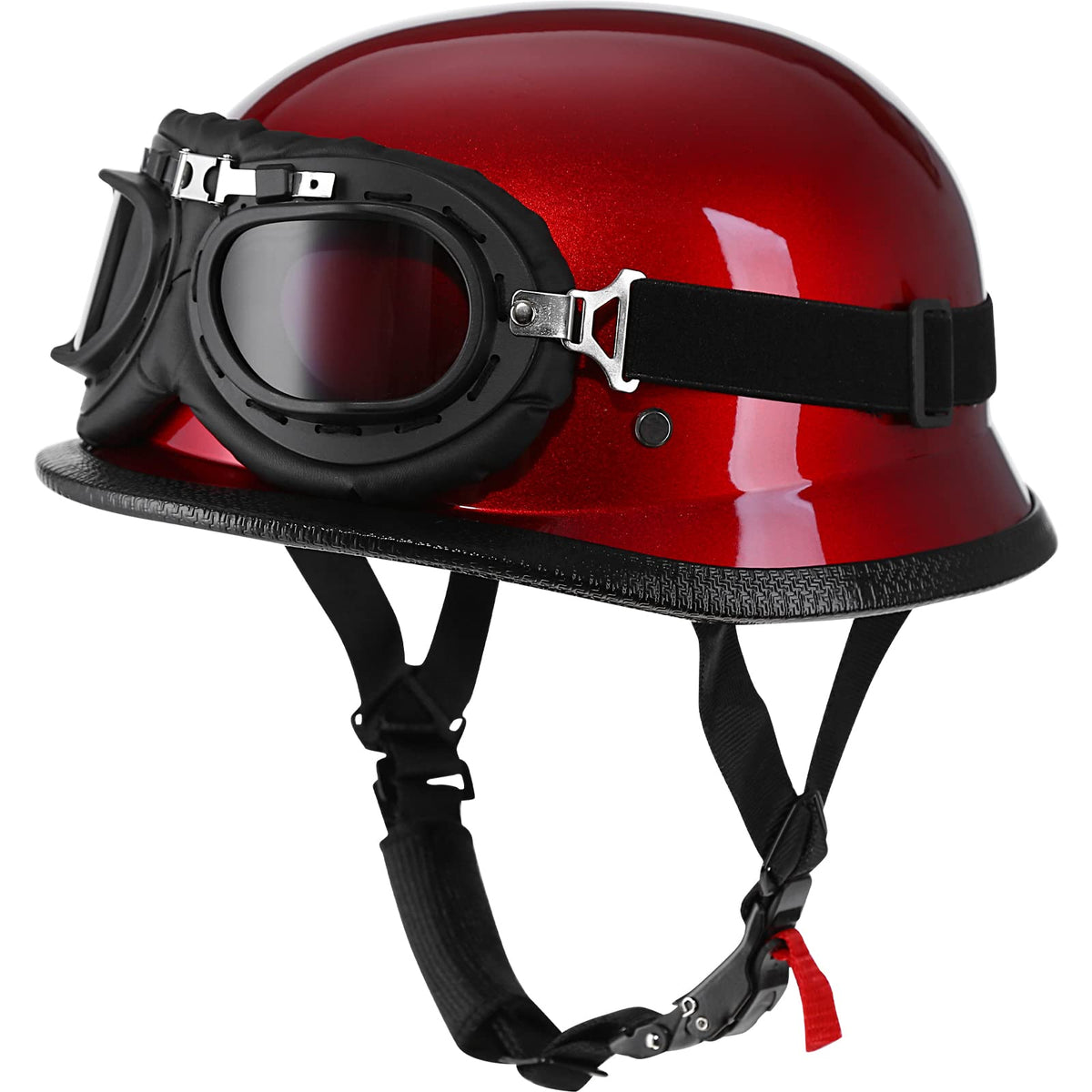 Yesmotor Helmet Half Shell German Motorcycle Helmet With Cycling Glasses - Dot Approved (Large, Red & Black Goggles)
