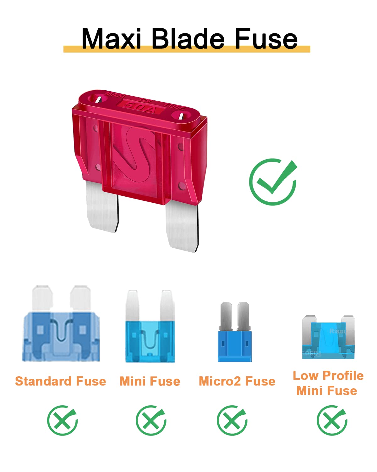 10Pcs 50Amp Maxi Fuses - 50A 32V Automotive Blade Fuse For Auto, Car, Rv, Boat, Truck